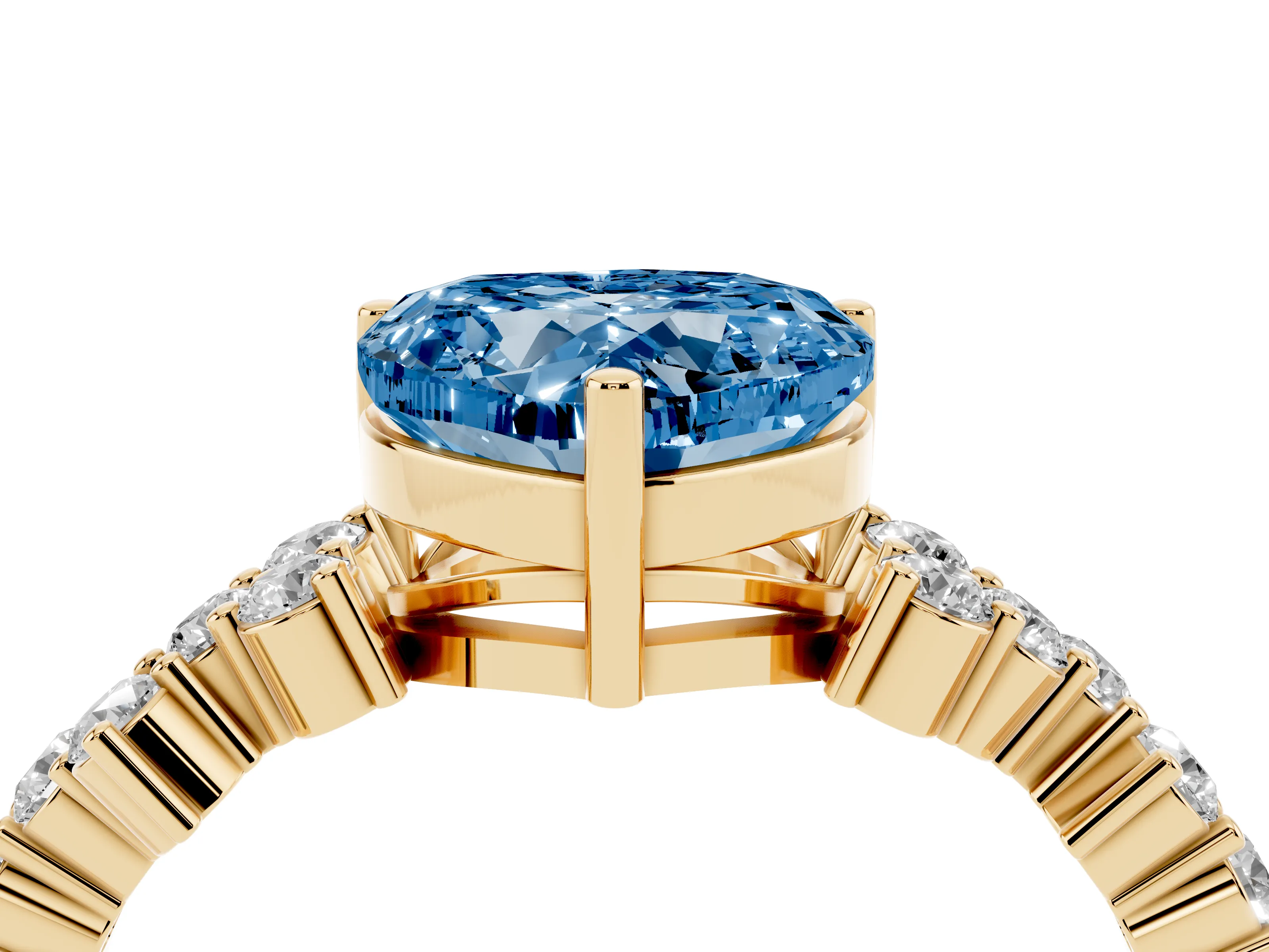 Fancy Blue Heart Cut Diamond Ring Set in Yellow gold with Scattered Round Accents
