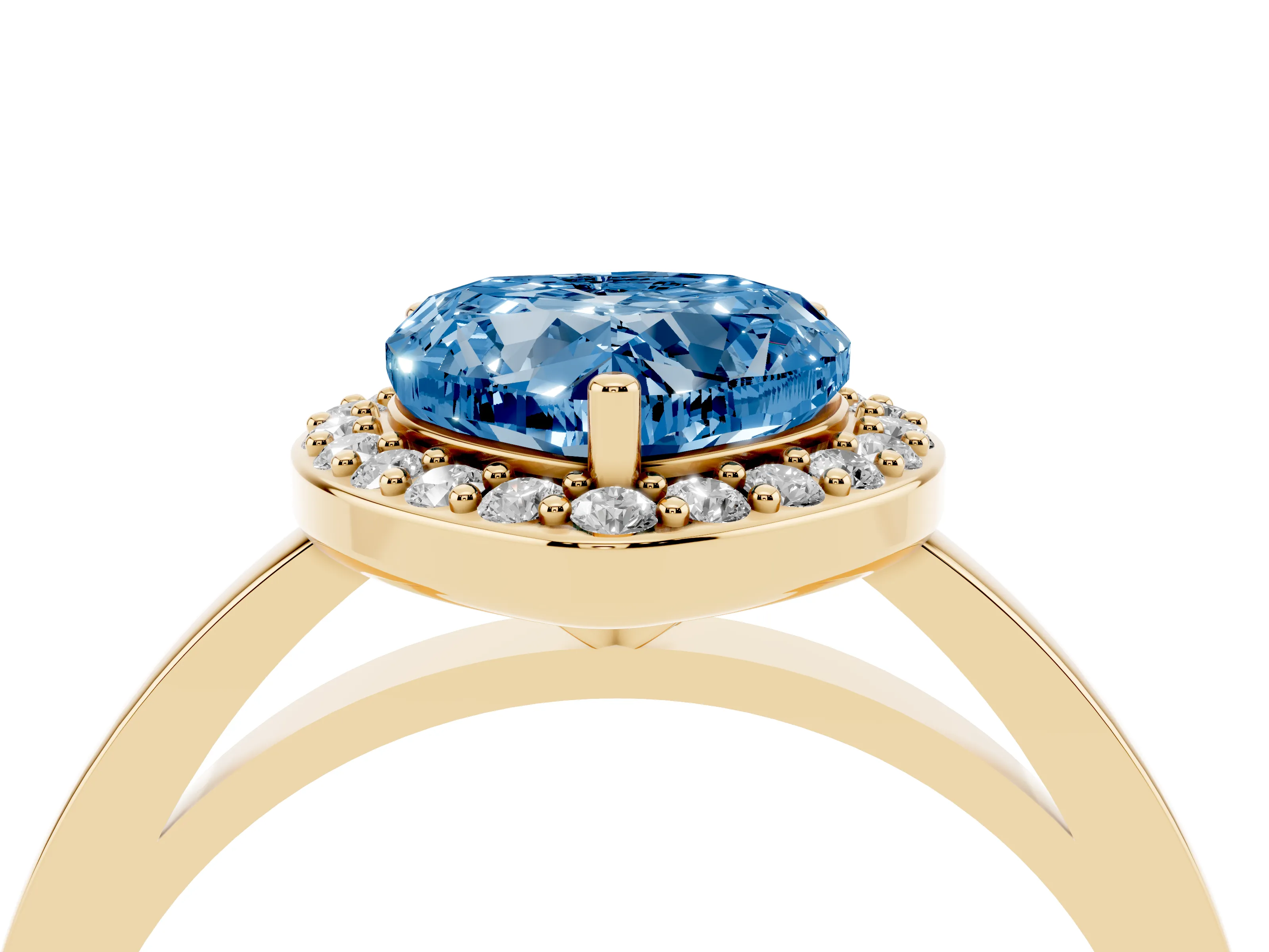 Fancy Blue Heart Cut Diamond Halo Ring Set in Yellow gold with Solitaire Band and Prong Setting