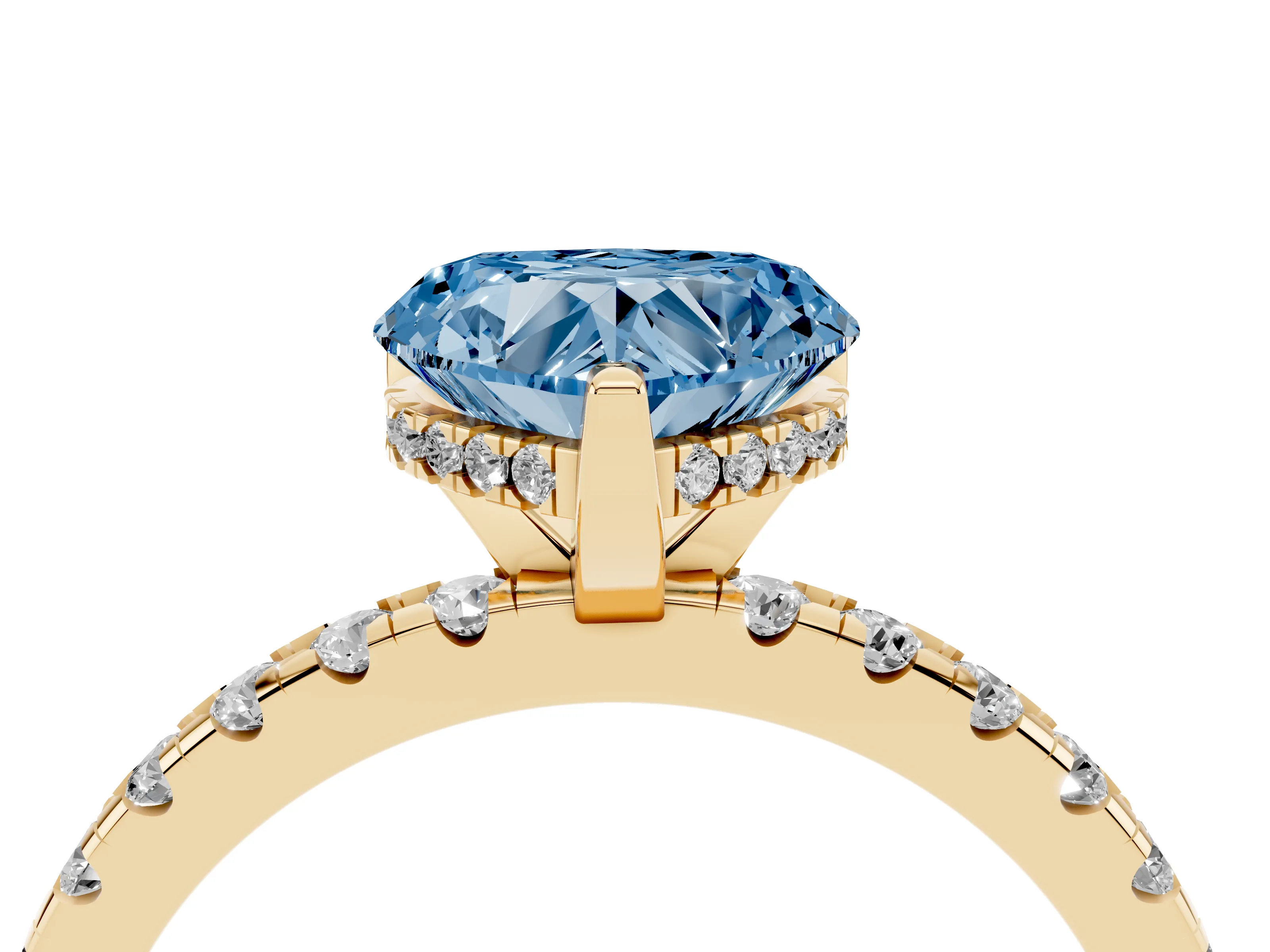 Fancy Blue Heart Cut Diamond Pavé Solitaire Ring Set in Yellow gold with Round Band Accents and Prong Setting