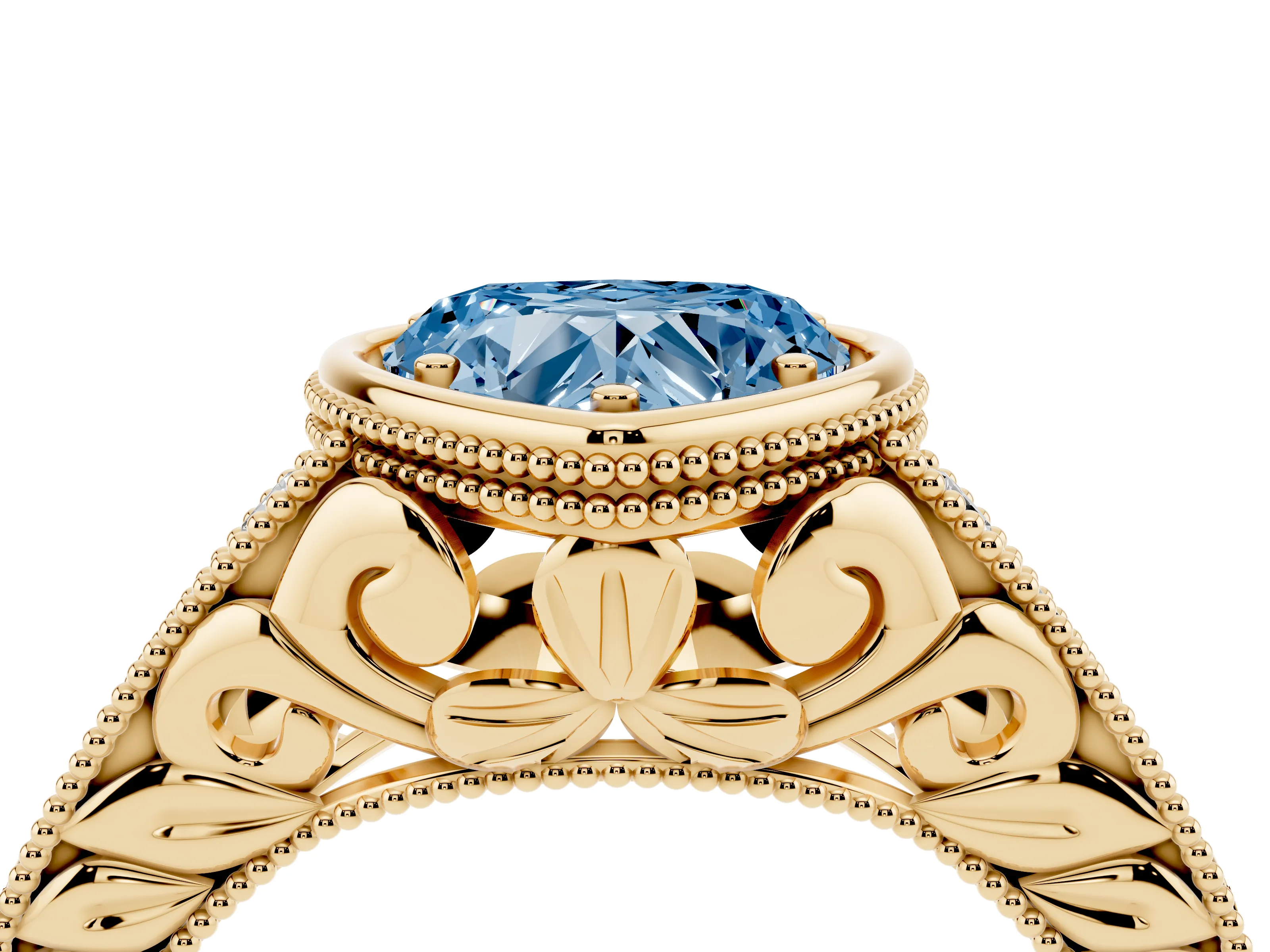 Fancy Blue Bezel Set Heart Cut Diamond Milgrain Pavé Engagement Ring Set in Yellow gold