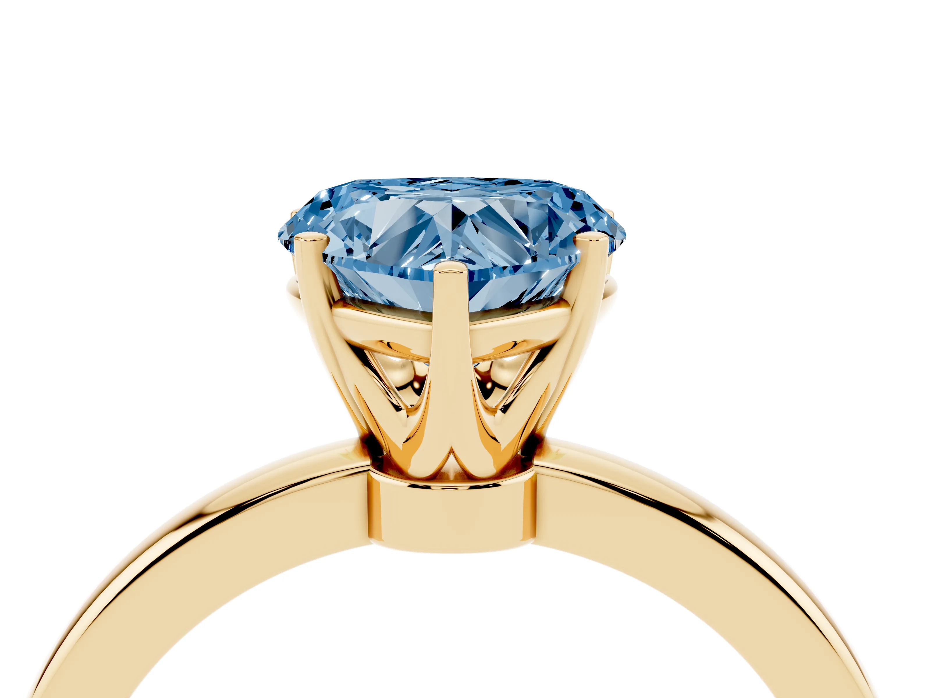 Fancy Blue Heart Cut Diamond Solitaire Ring Set in Yellow gold with Raised Prong Setting on a Classic Band