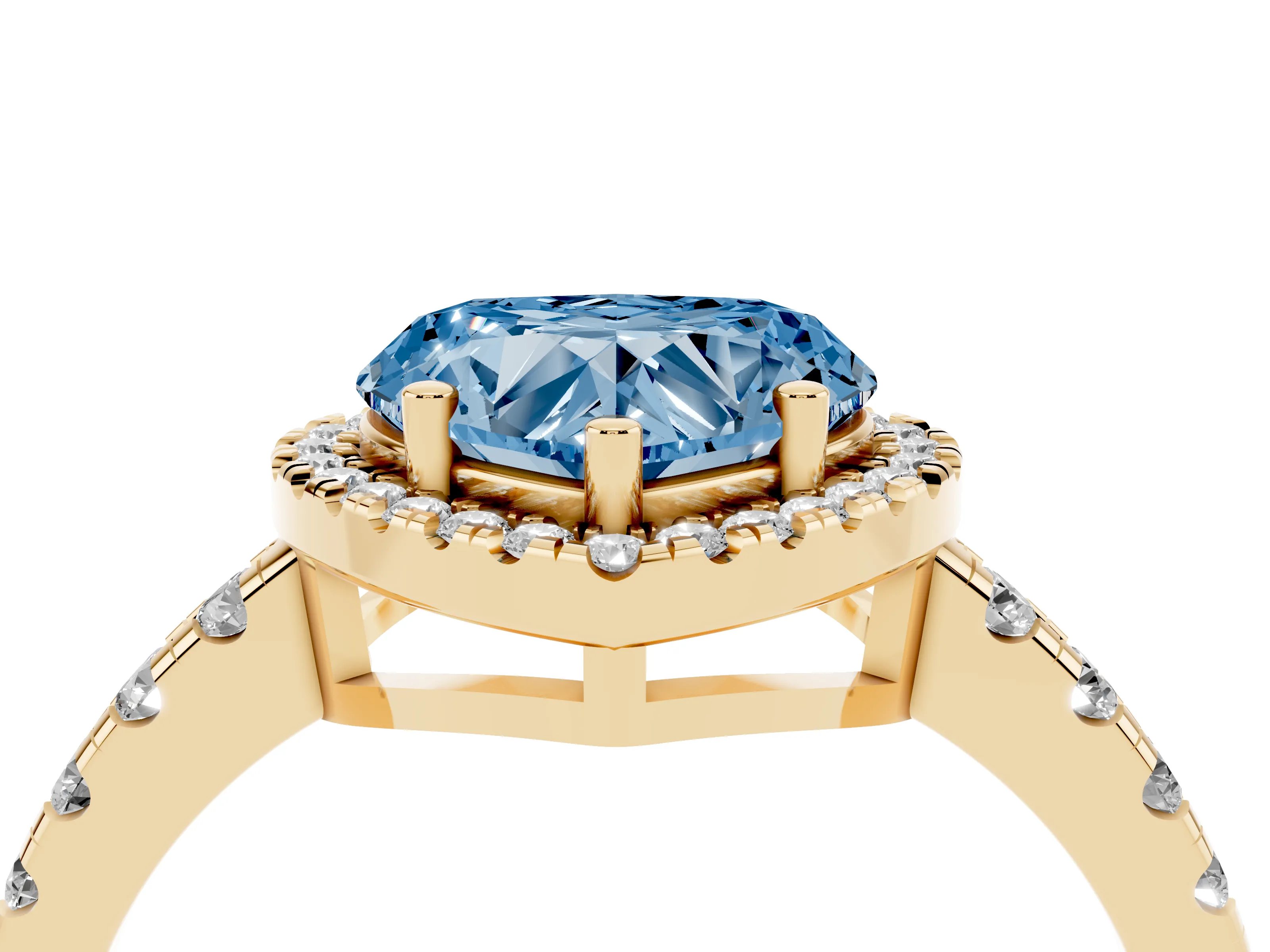 Fancy Blue Heart Cut Diamond Halo Ring Set in Yellow gold with Delicate Pavé Band and Prong Setting