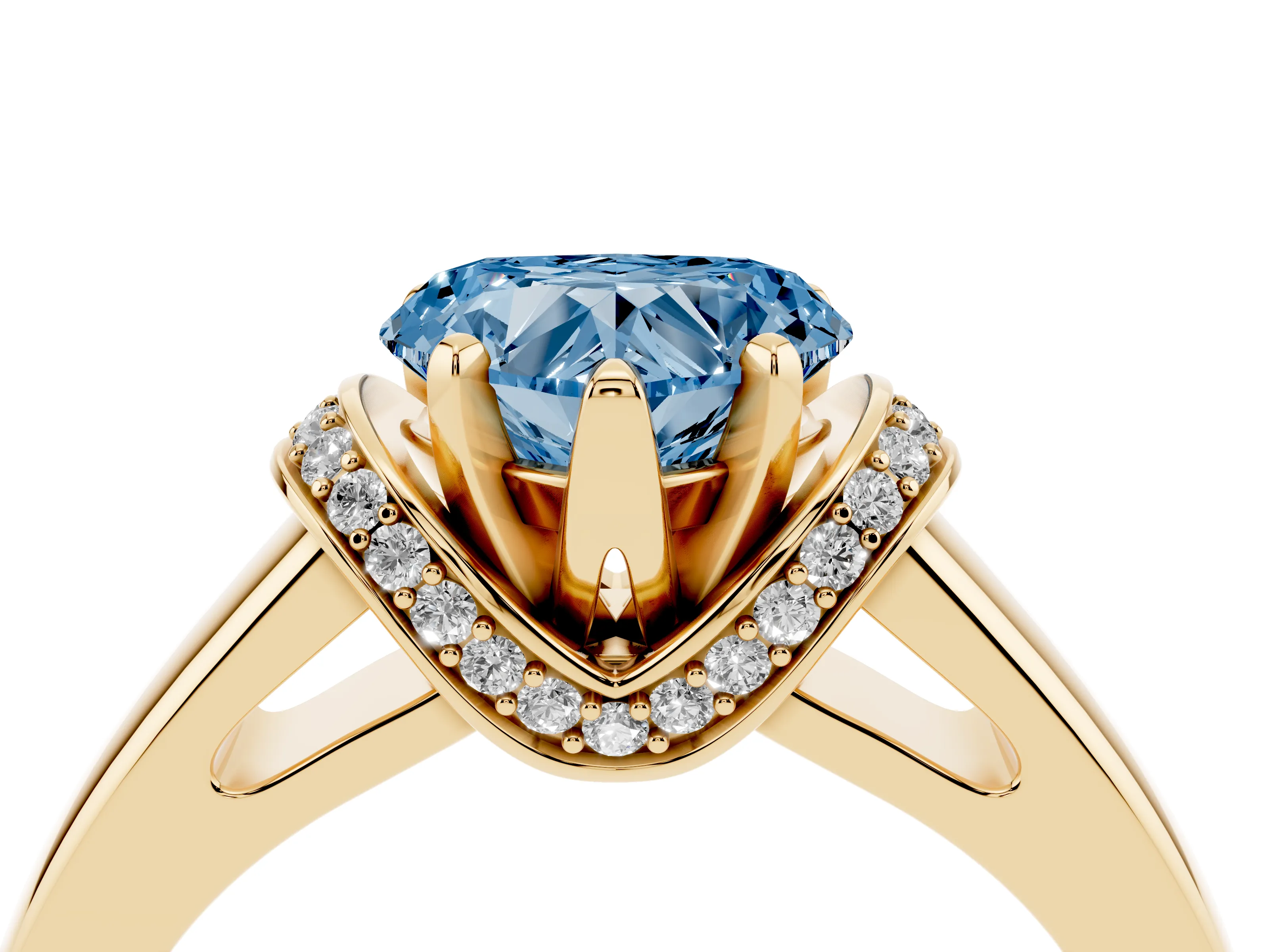 Fancy Blue Heart Cut Diamond Pavé Band Solitaire Ring Set in Yellow gold with Prong Setting