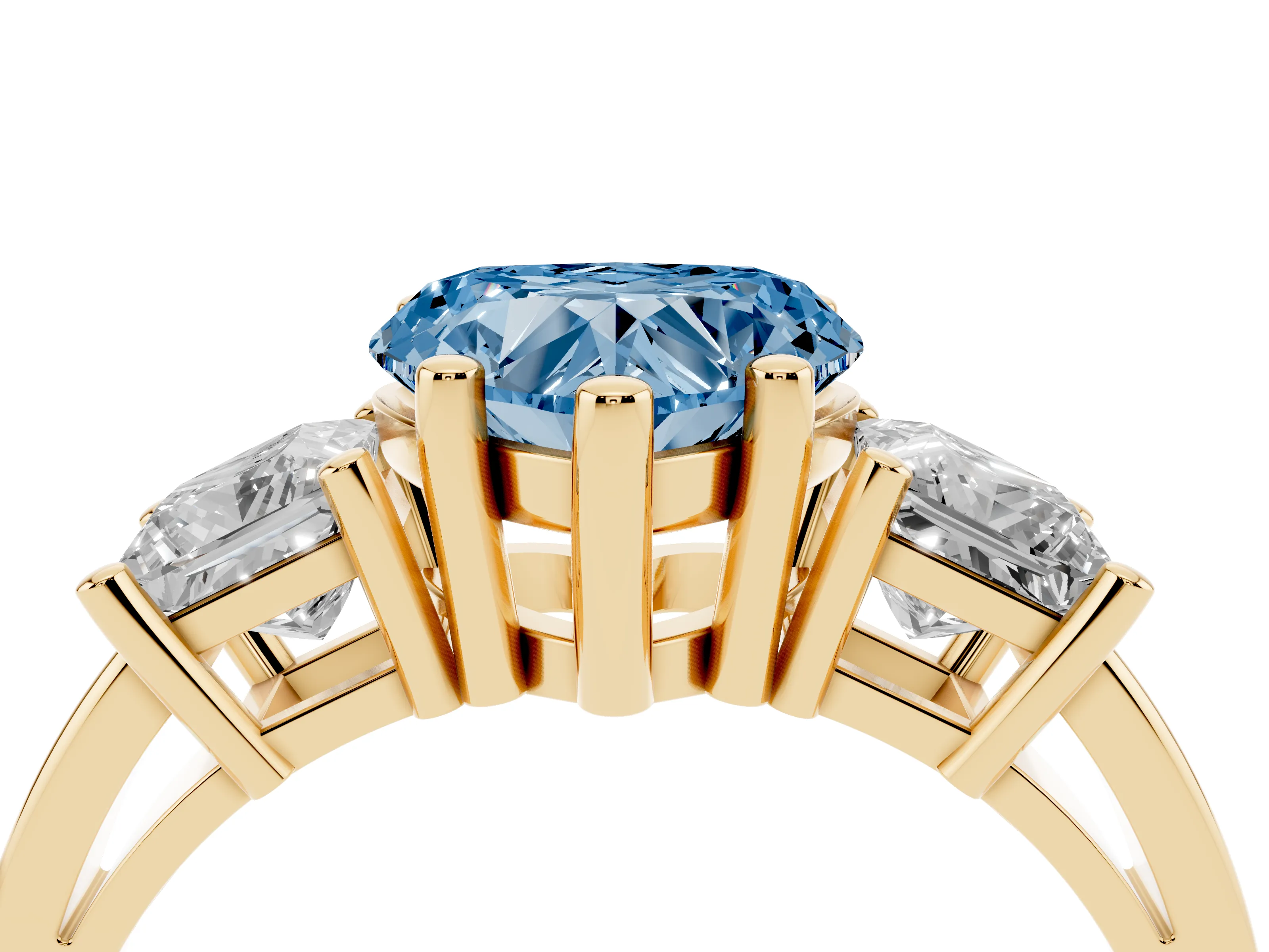 Fancy Blue Three-Stone Heart Cut Diamond Solitaire Ring Set in Yellow gold with Prong Setting