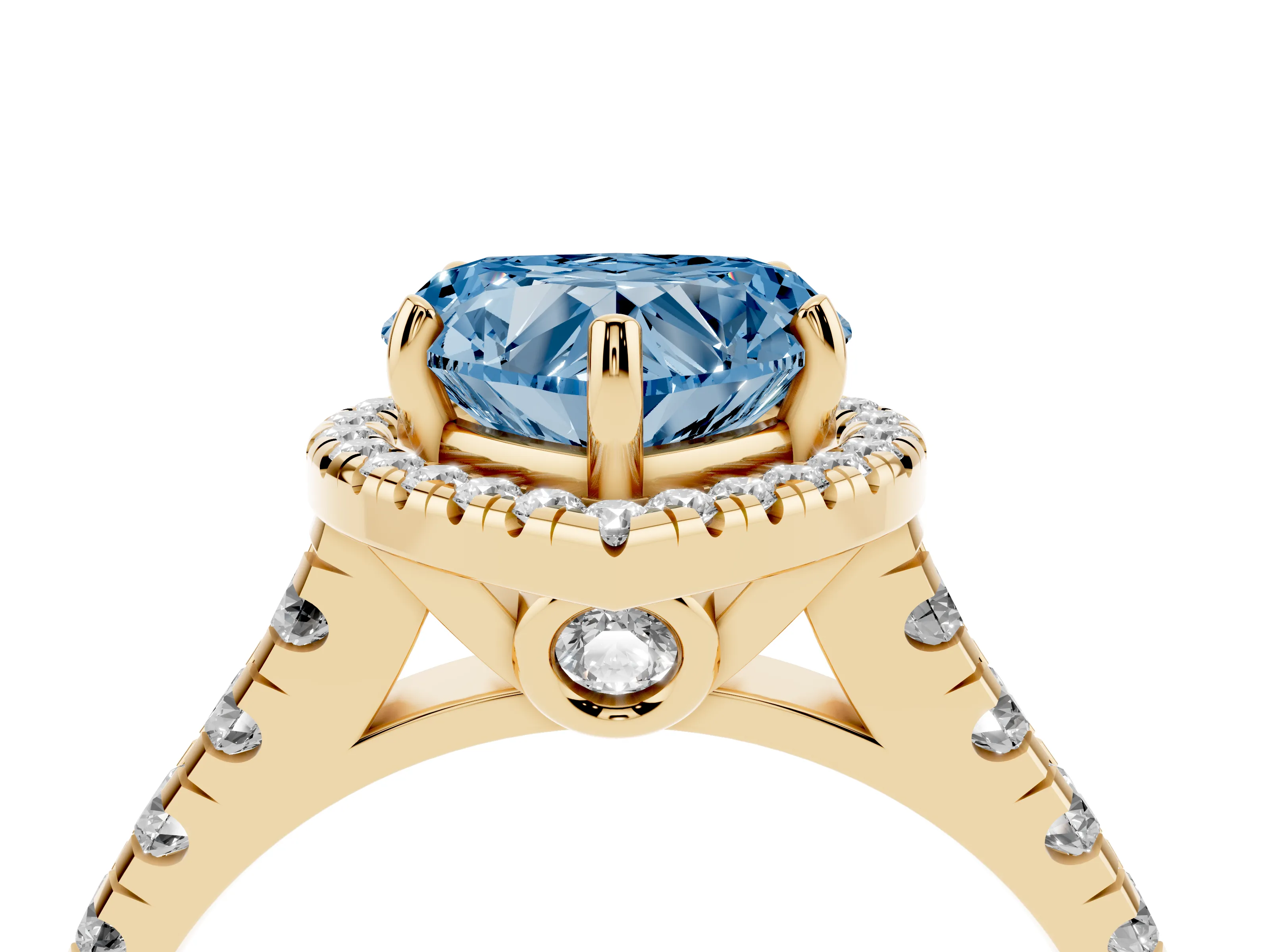 Fancy Blue Heart Cut Diamond Halo Engagement Ring Set in Yellow gold with Pavé Band and Prong-Set Center