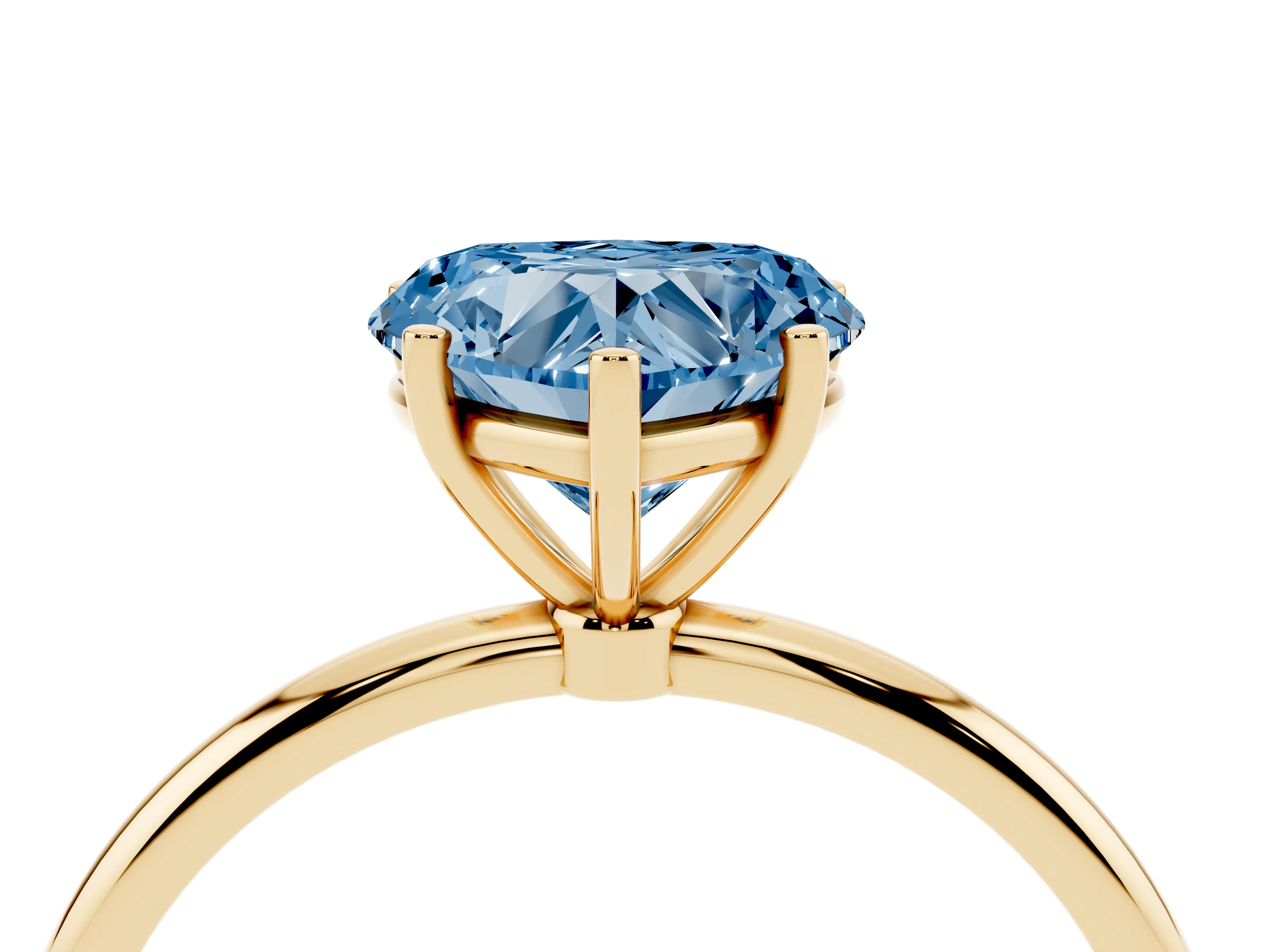 Fancy Blue Heart Cut Diamond Solitaire Engagement Ring Set in Yellow gold with Thin Band and Prong Setting