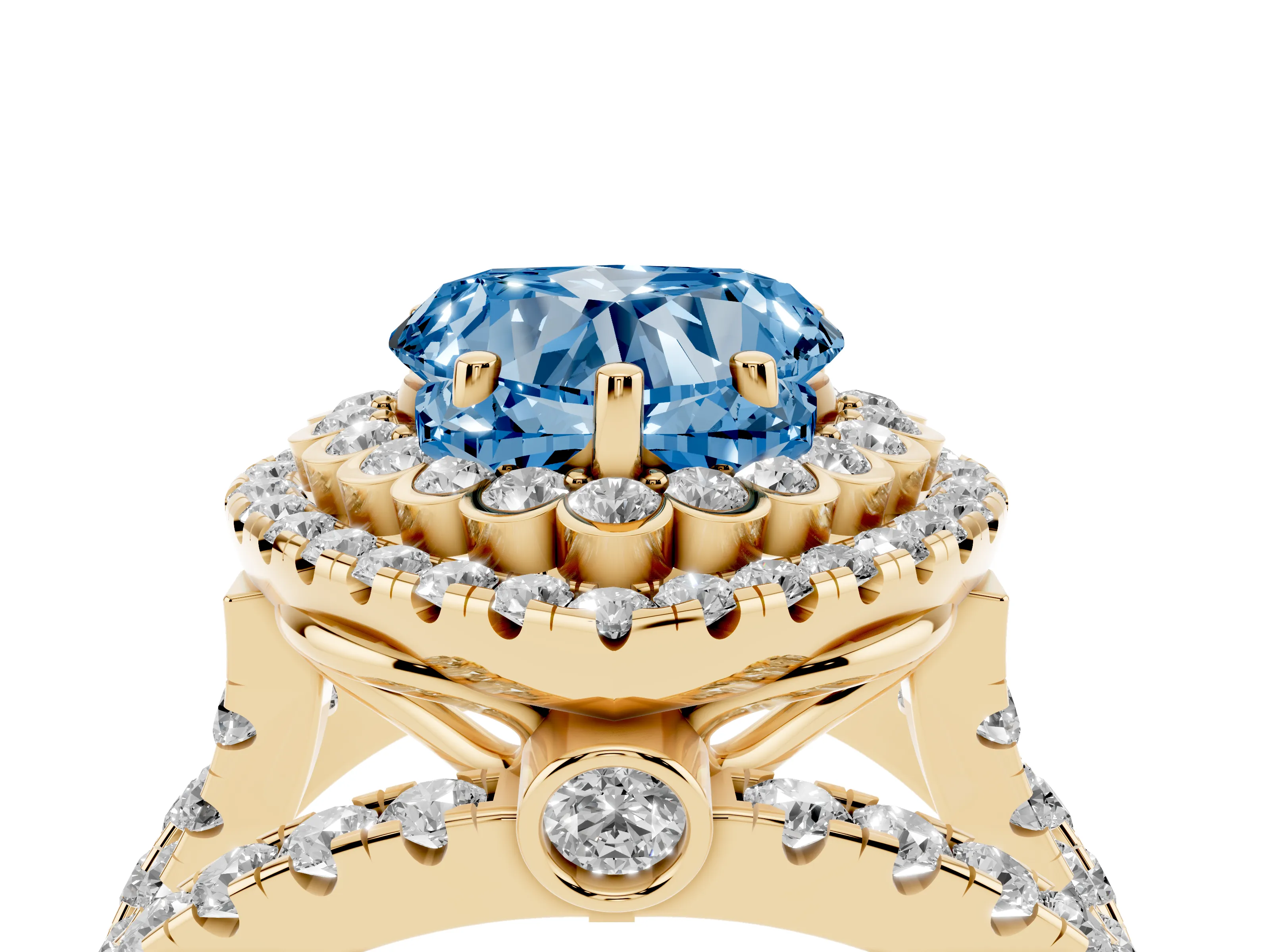 Fancy Blue Heart Cut Diamond Double Halo Ring Set in Yellow gold with Round Pavé Split Shank