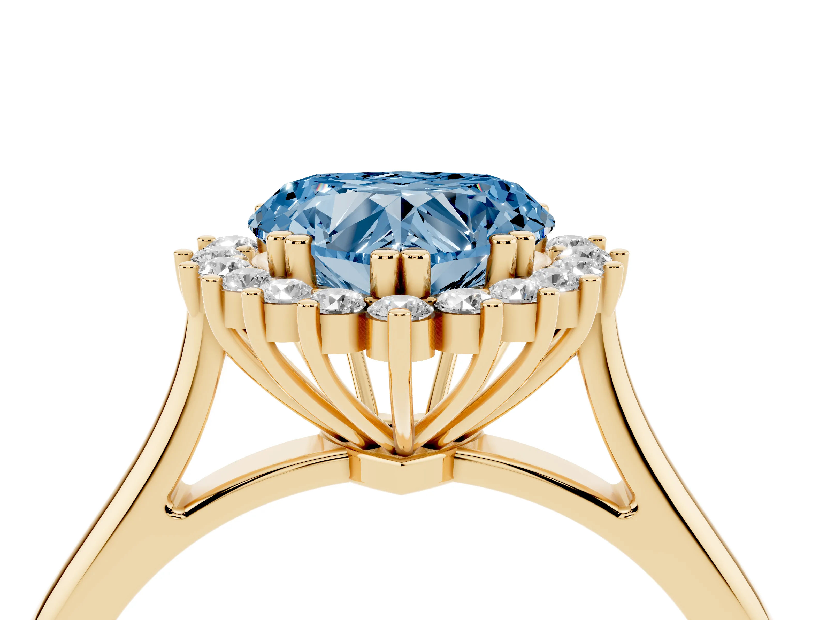 Fancy Blue Heart Cut Diamond Halo Ring Set in Yellow gold with Plain Solitaire Band and Prong Setting