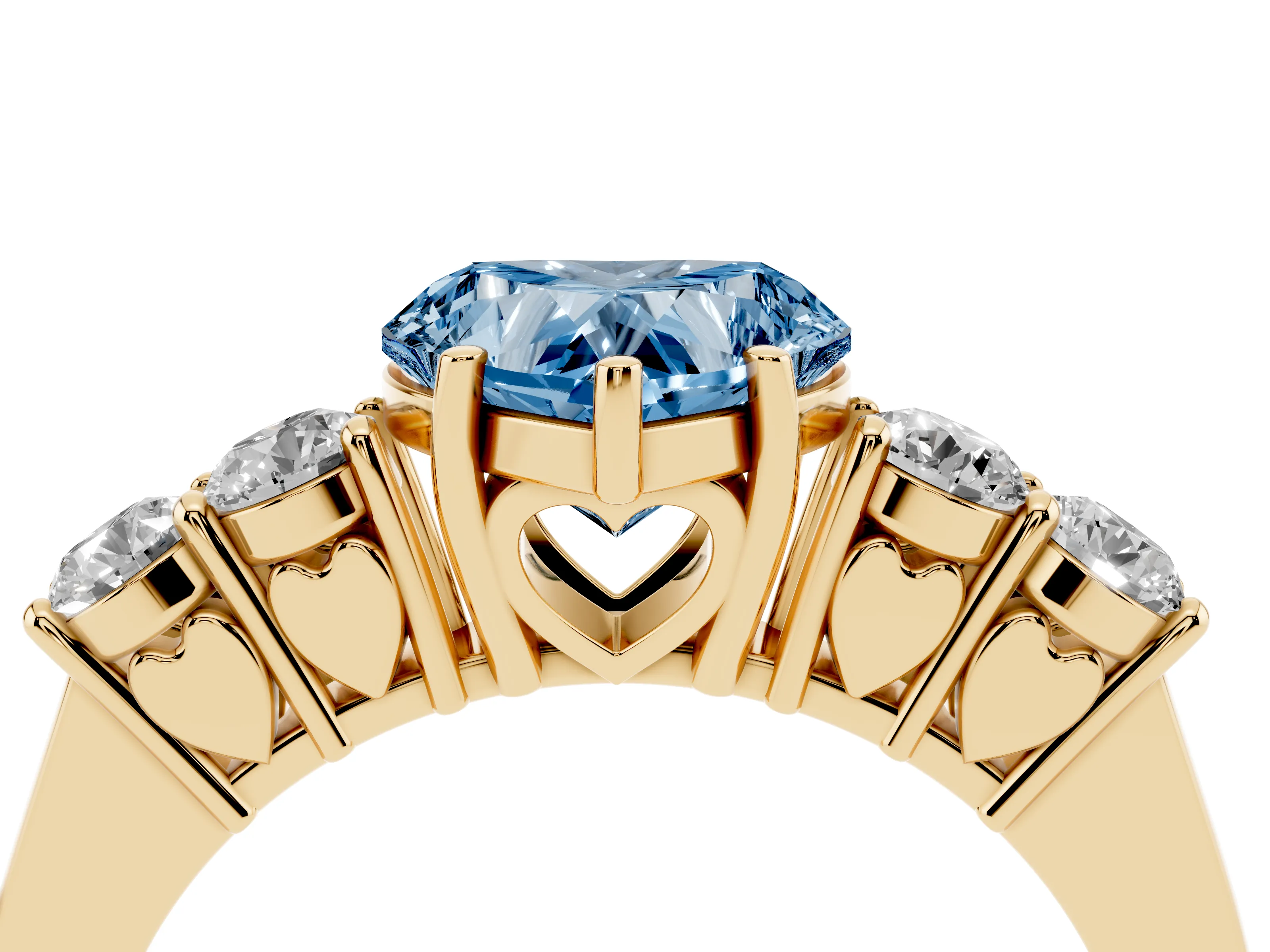 Fancy Blue Heart Cut Diamond Five-Stone Prong Set Band Ring Set in Yellow gold with Polished Band