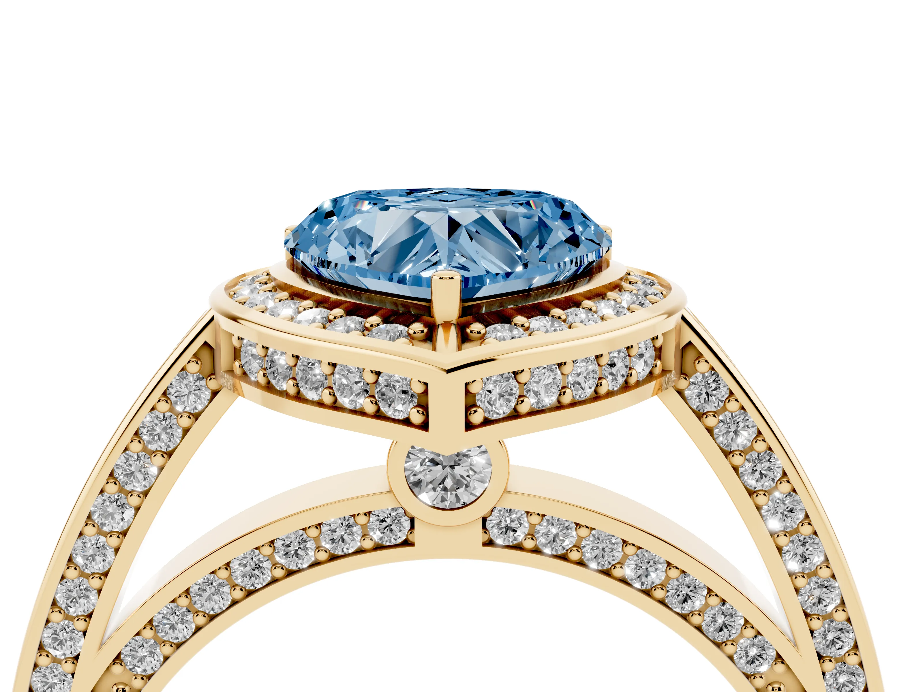 Fancy Blue Heart Cut Diamond Halo Pavé Split Shank Ring Set in Yellow gold with Prong Setting