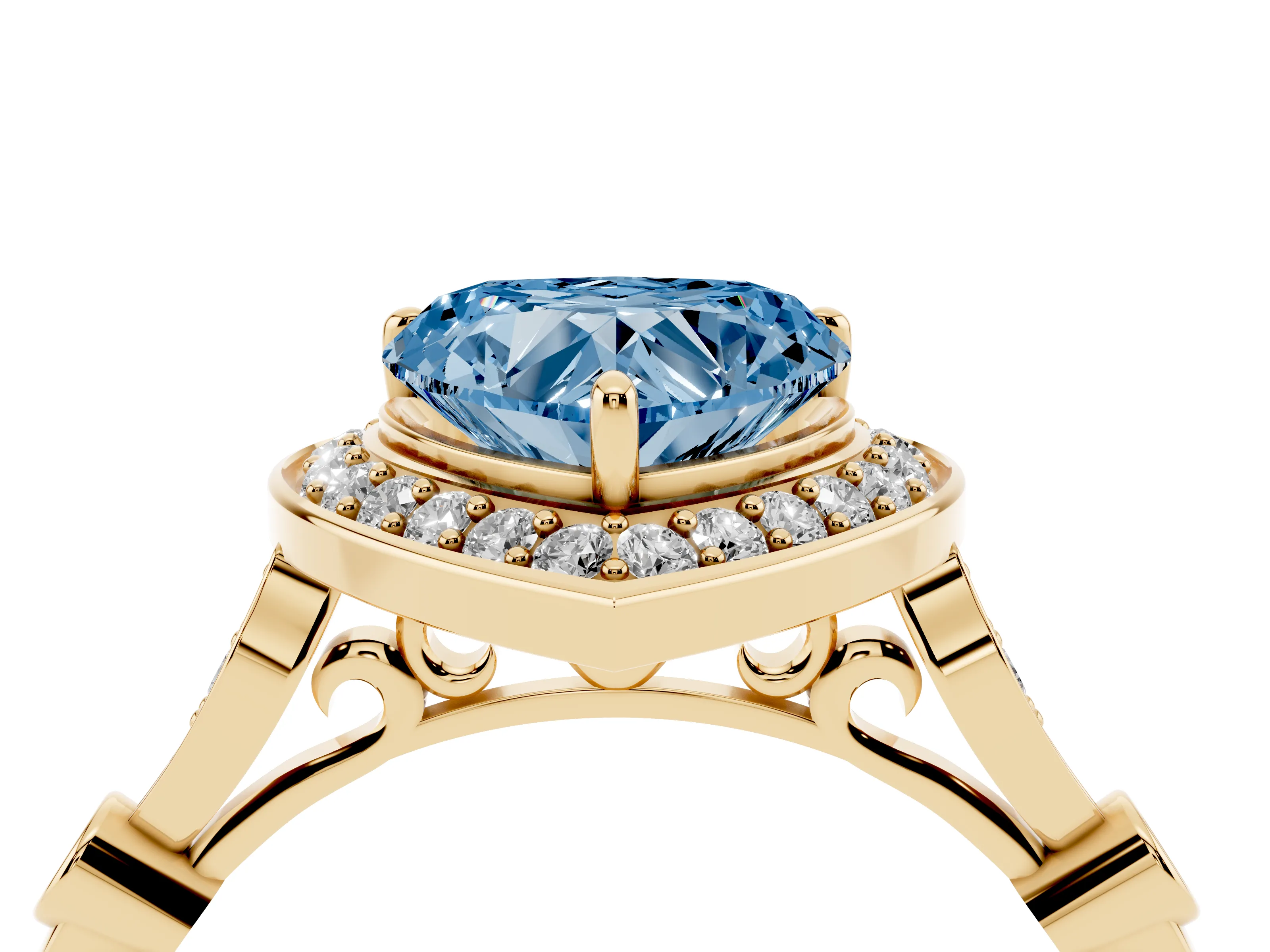 Fancy Blue Heart Cut Diamond Halo Engagement Ring Set in Yellow gold with Twisted Band and Prong Setting