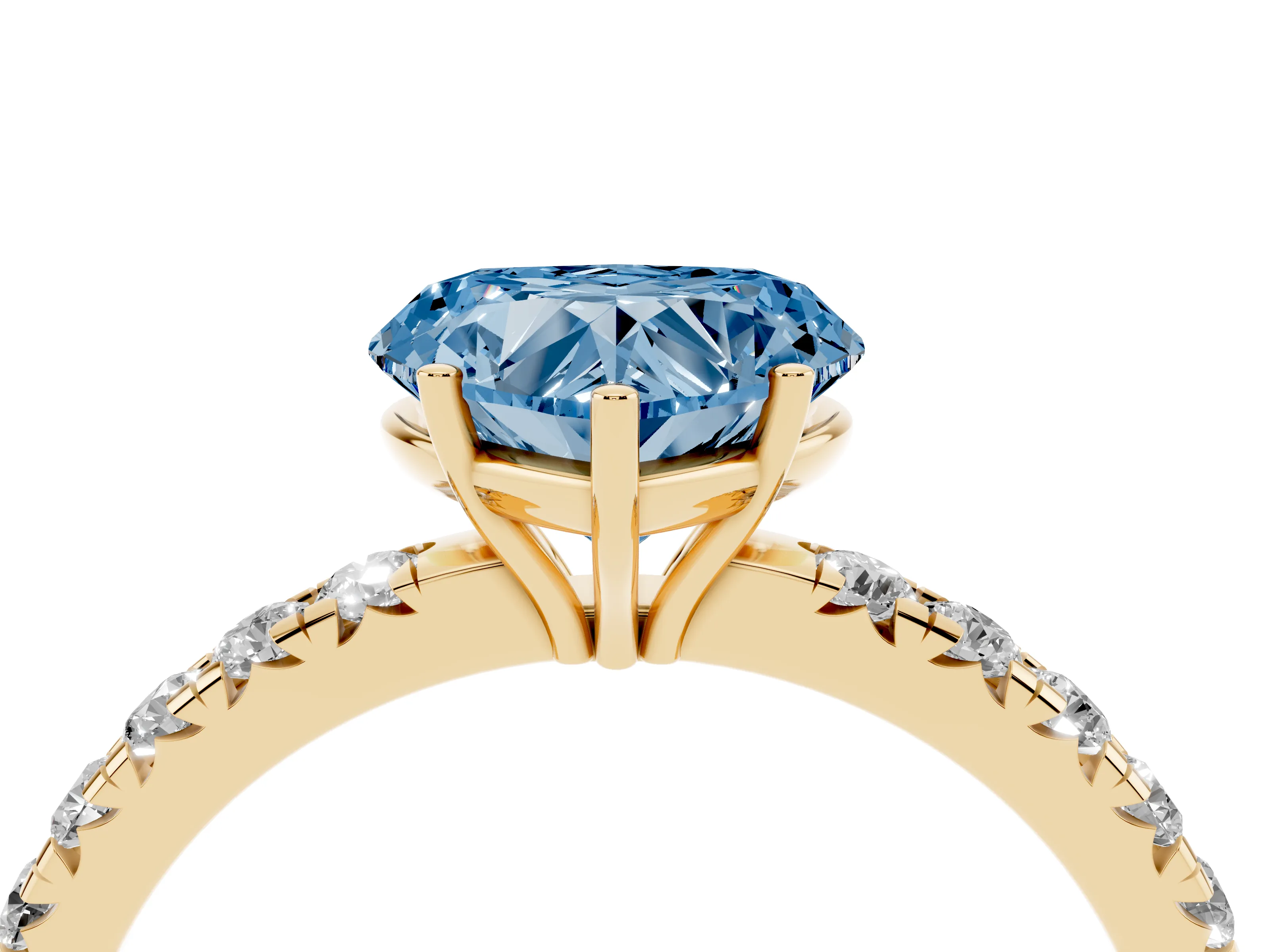 Fancy Blue Heart Cut Diamond Pavé Solitaire Engagement Ring Set in Yellow gold with Prong Setting