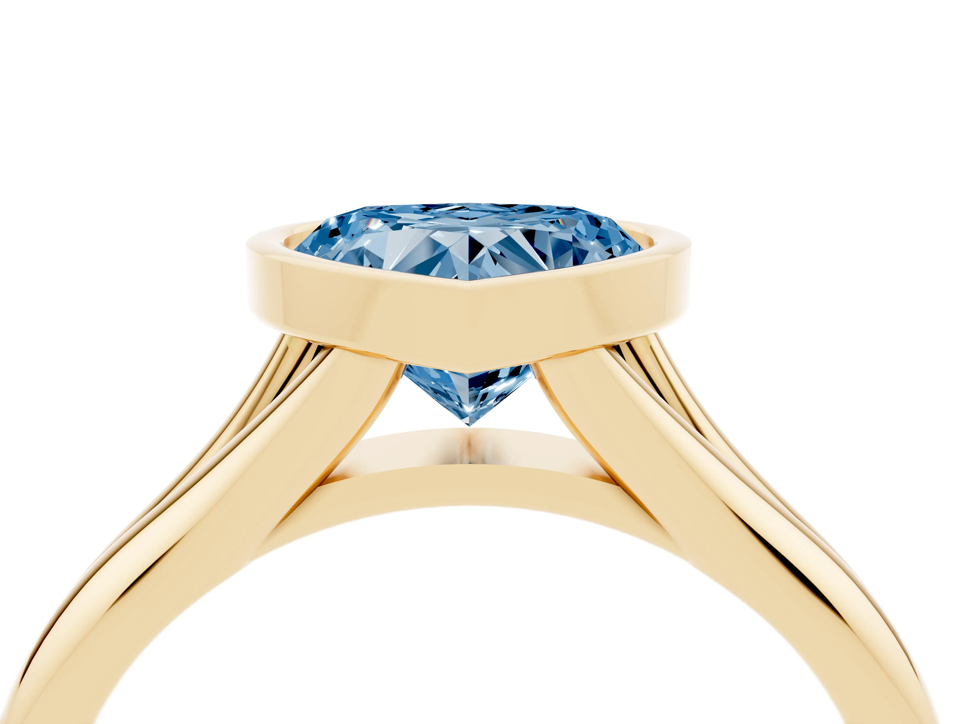 Fancy Blue Bezel Set Heart Cut Diamond Solitaire Ring Set in Yellow gold with Smooth Band