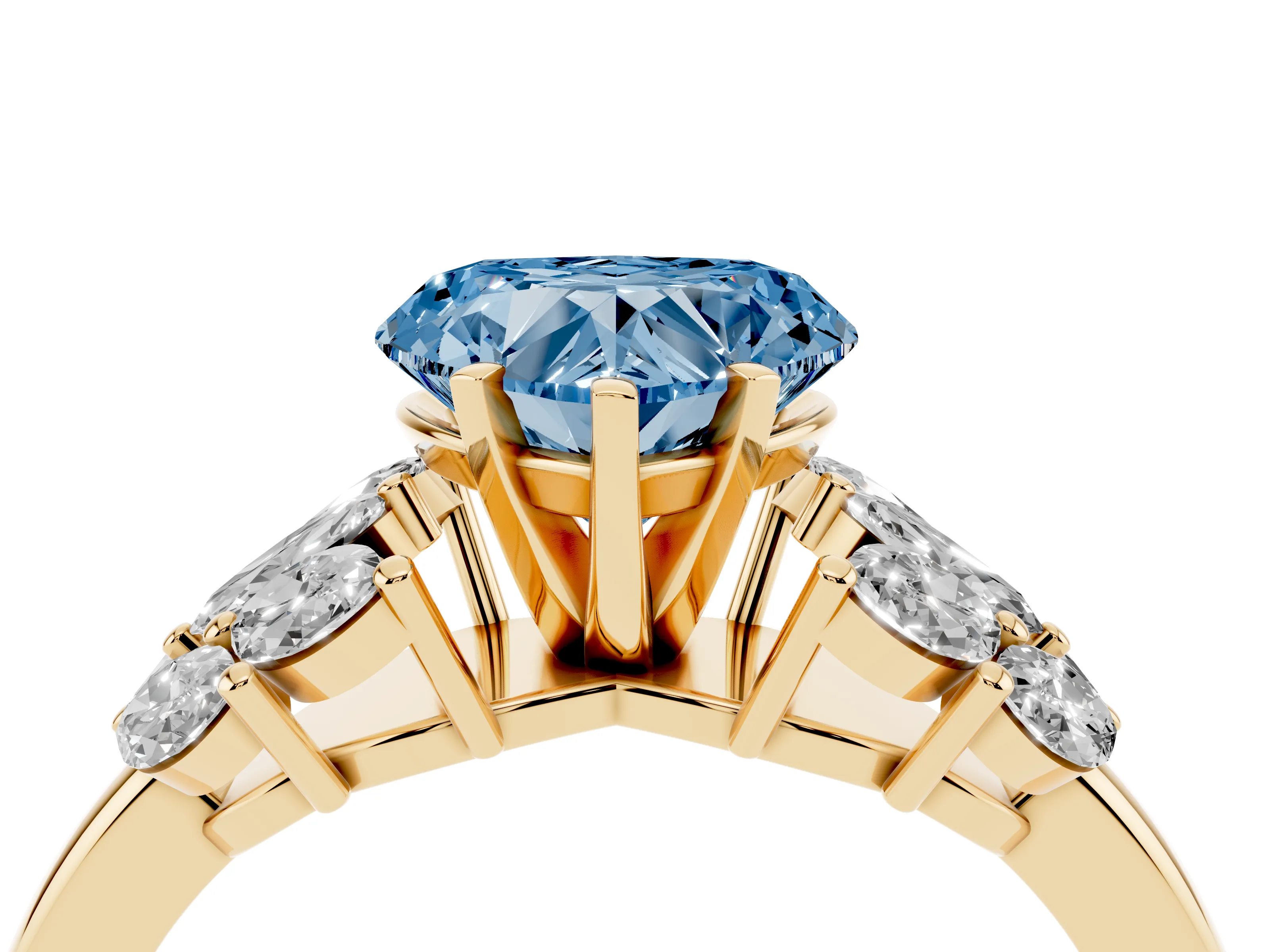 Fancy Blue Heart Cut Diamond Cluster Leaf Design Ring Set in Yellow gold with Prong Setting