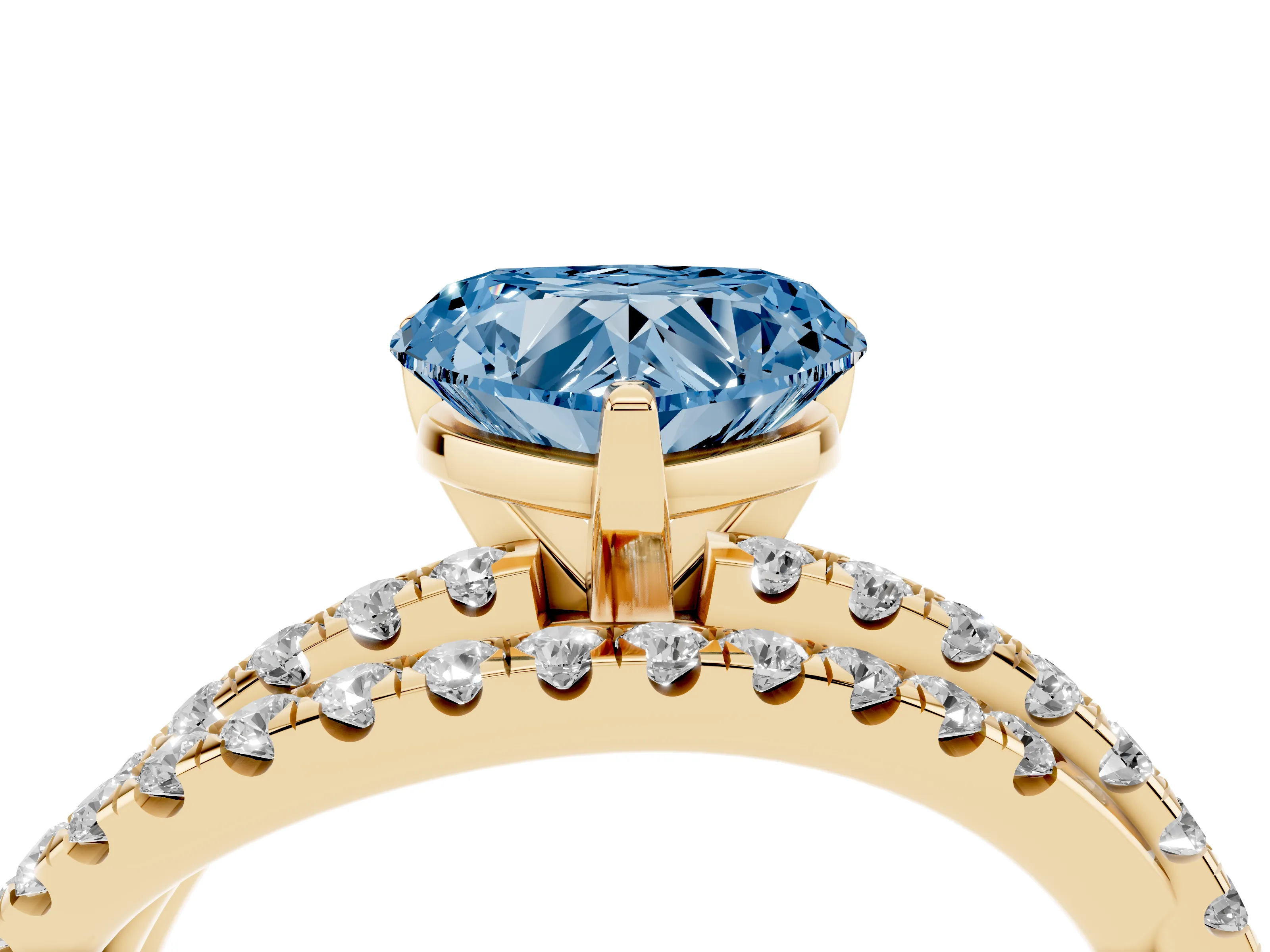 Fancy Blue Heart Cut Diamond Solitaire Twist Band Ring Set in Yellow gold with Pavé Setting and Prong Head