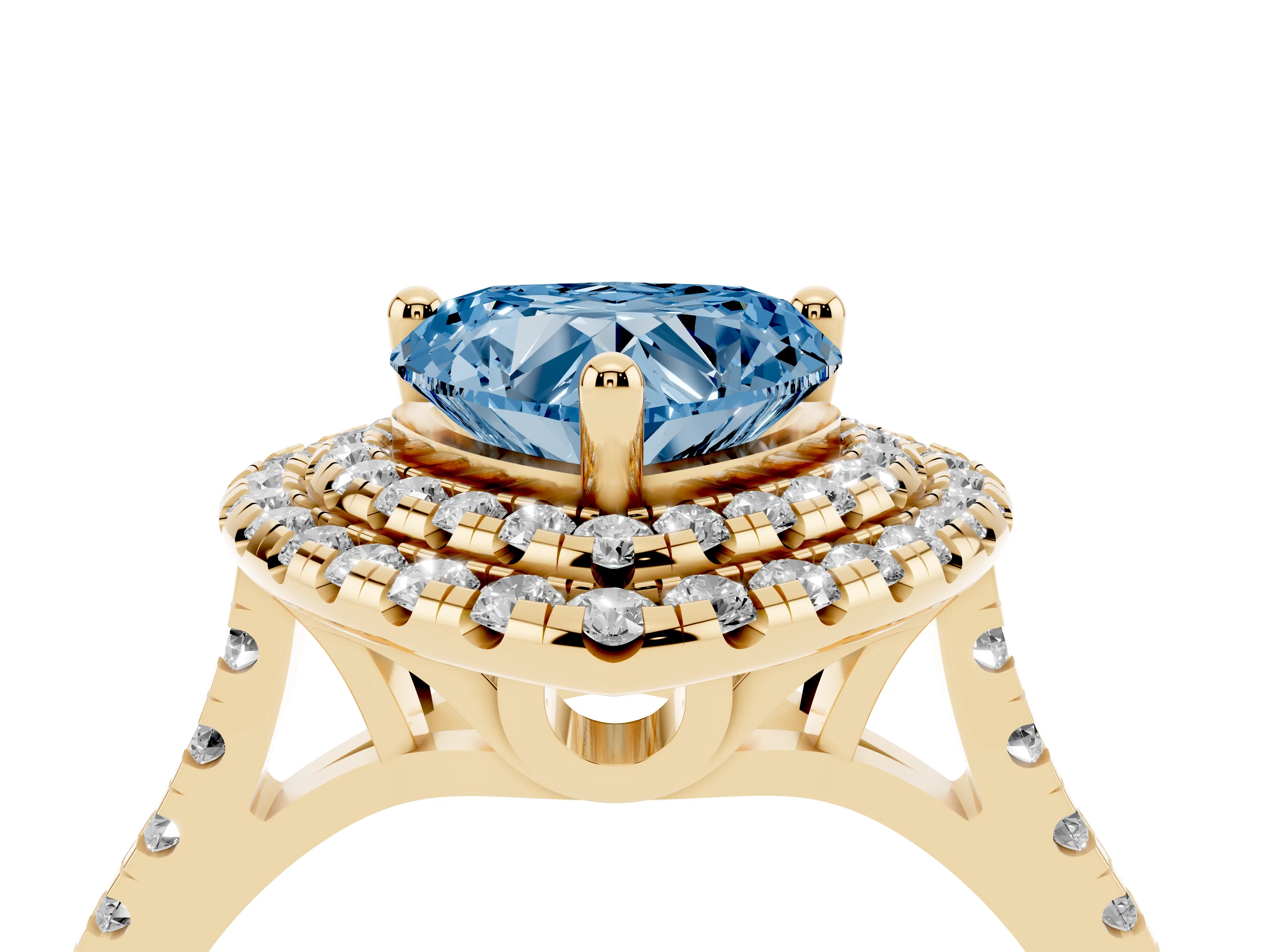 Fancy Blue Heart Cut Diamond Double Halo Statement Ring Set in Yellow gold with Pavé Band