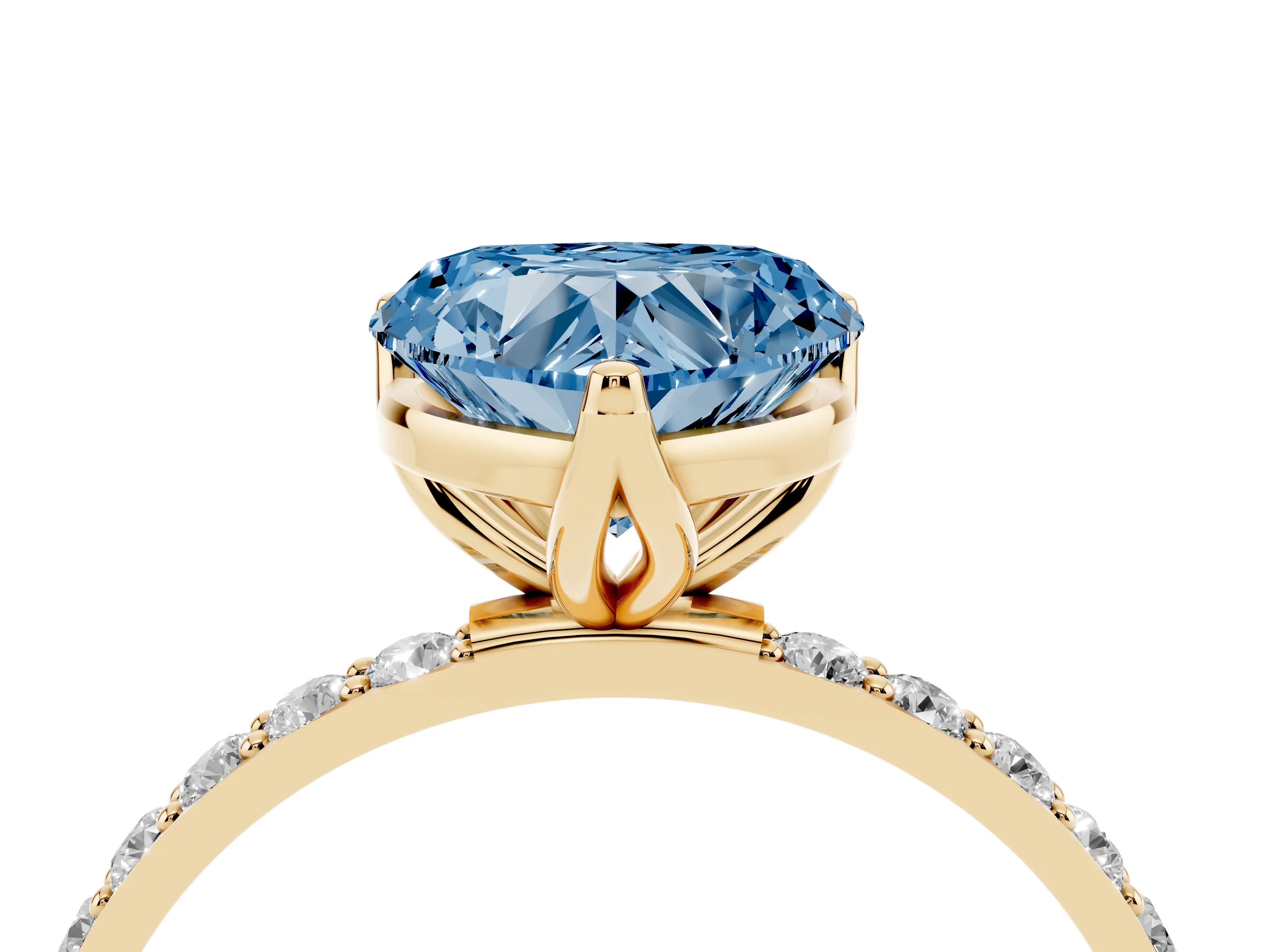 Fancy Blue Heart Cut Diamond Solitaire Engagement Ring Set in Yellow gold with Round Pavé Band and Prong Setting