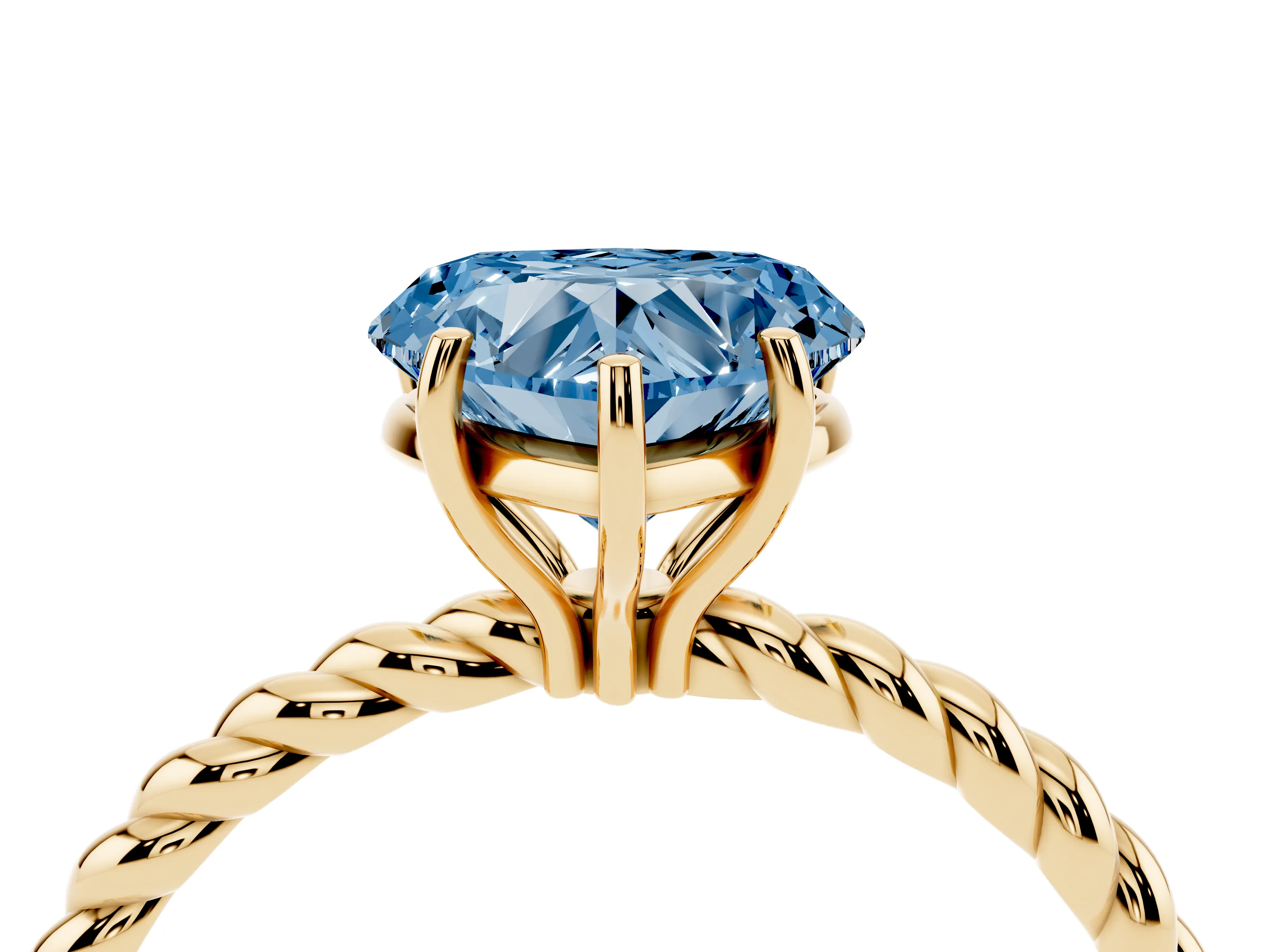 Fancy Blue Heart Cut Diamond Solitaire Ring Set in Yellow gold with Twist Band and Prong Setting