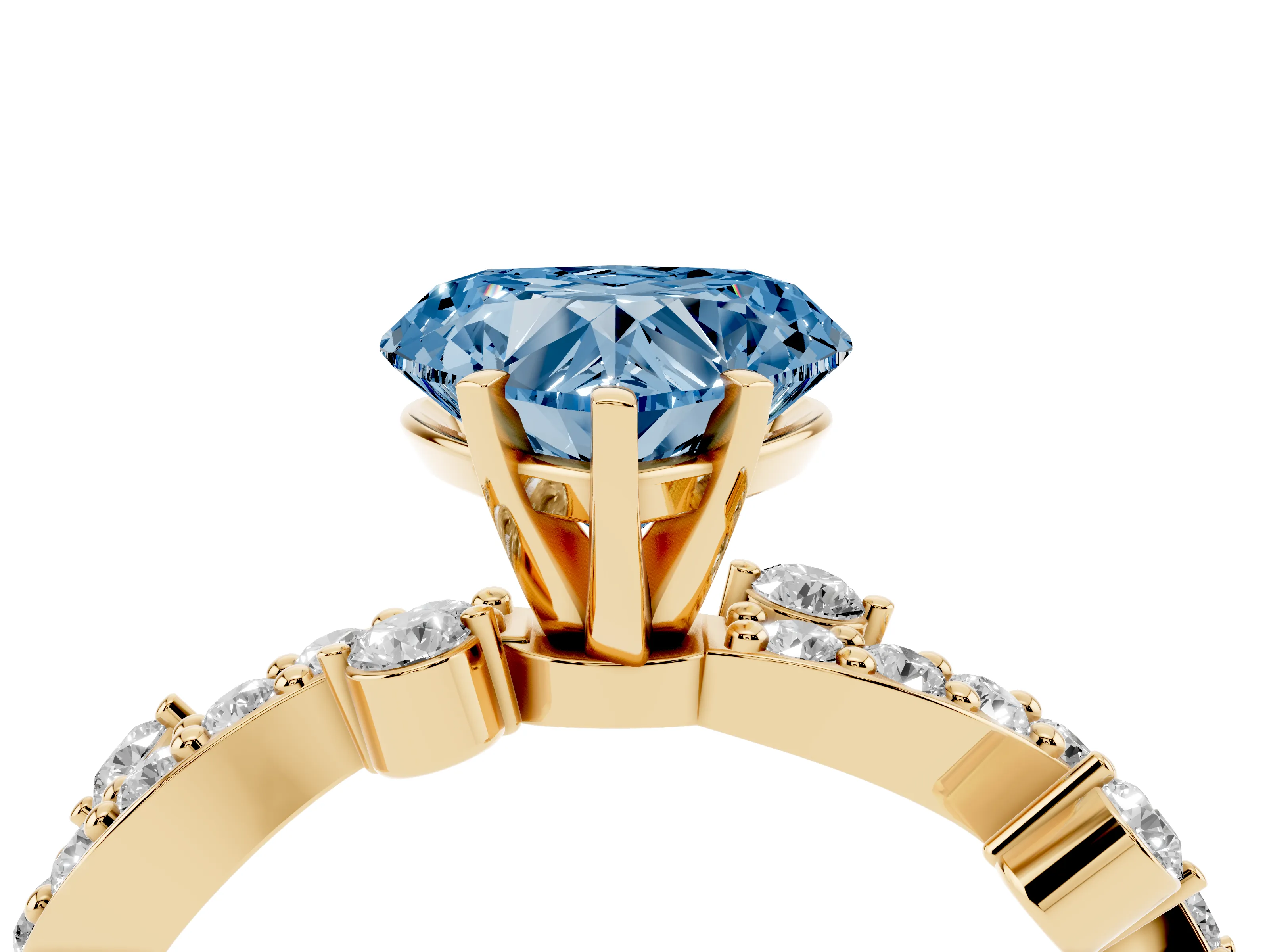 Fancy Blue Heart Cut Diamond Solitaire Twisted Band Set in Yellow gold with Pavé Setting