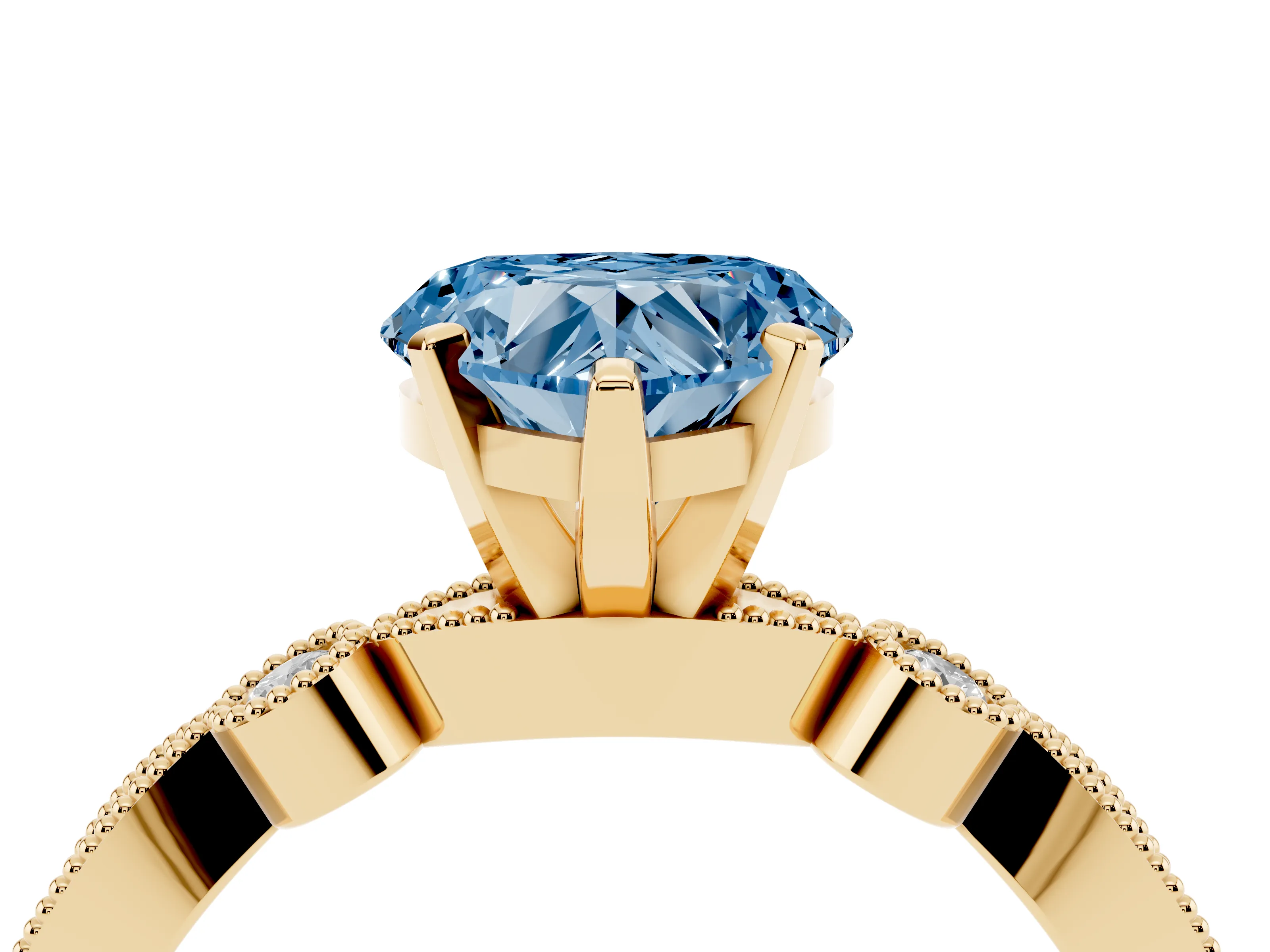 Fancy Blue Heart Cut Diamond Solitaire Engagement Ring Set in Yellow gold with Milgrain Bezel Accent Band