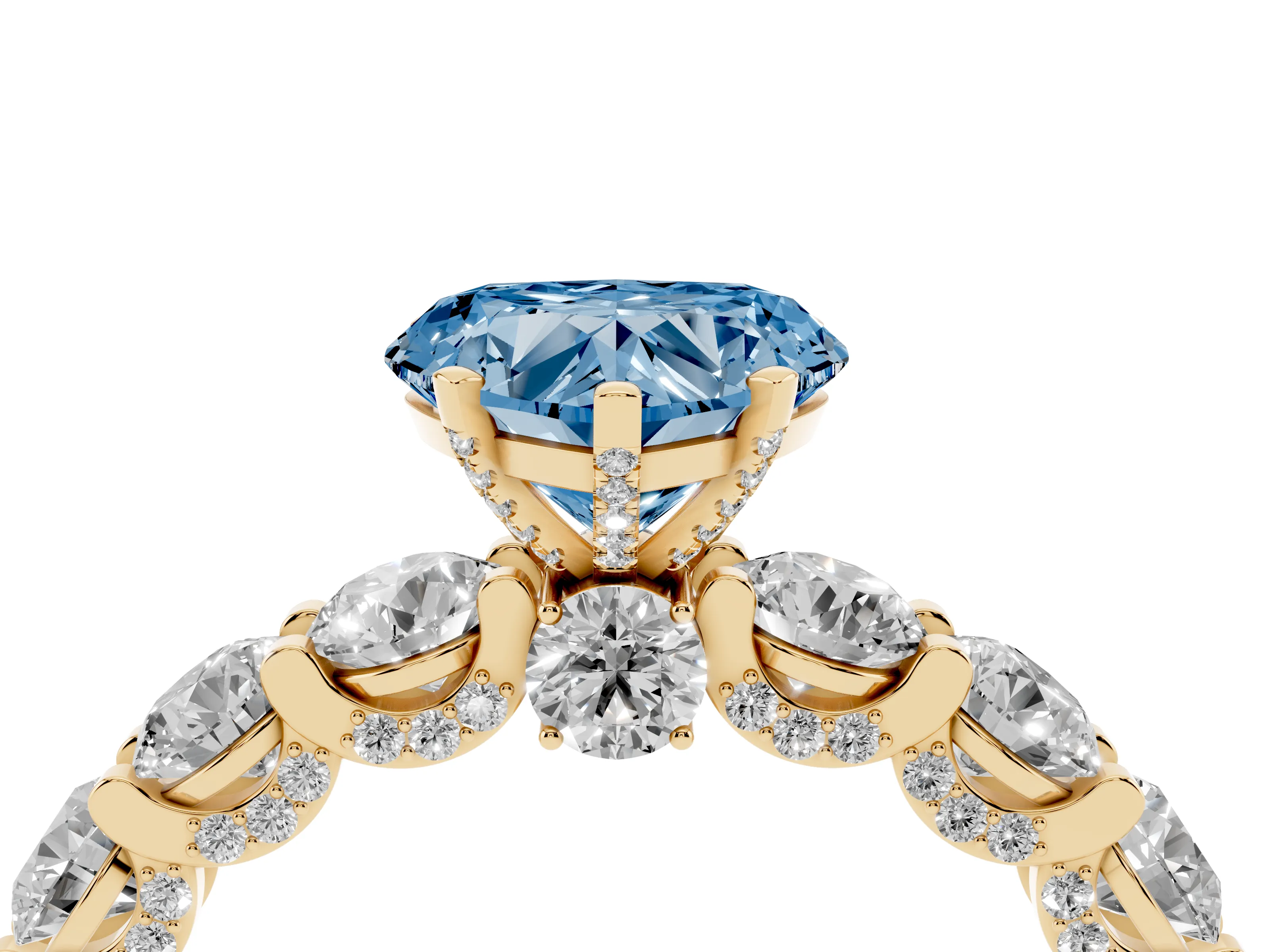 Fancy Blue Heart Cut Diamond Side Stone Ring Set in Yellow gold with Alternating Round and Oval Side Stones