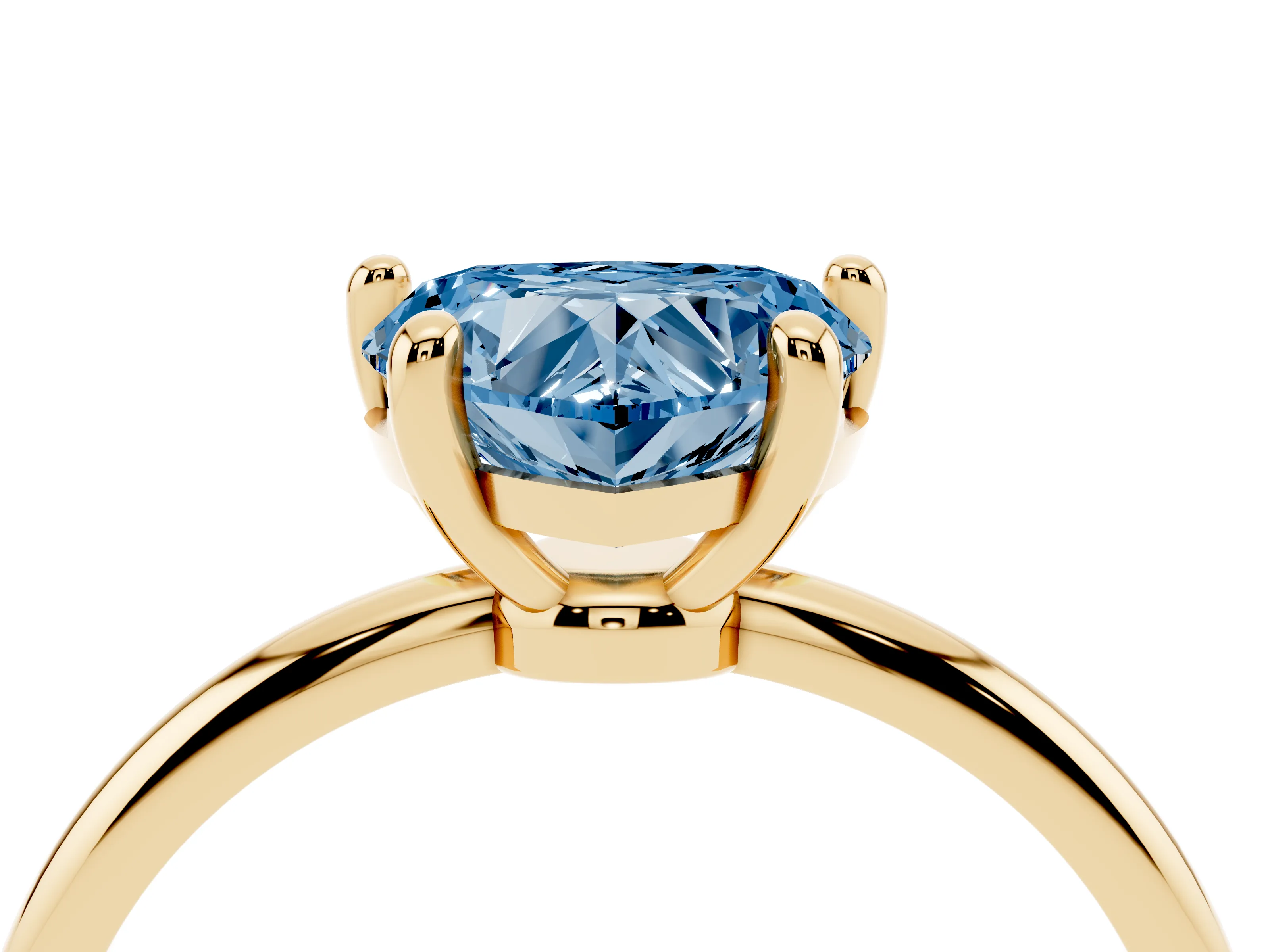 Fancy Blue Heart Cut Diamond Solitaire Ring Set in Yellow gold with Secure Prong Setting on a Classic Band
