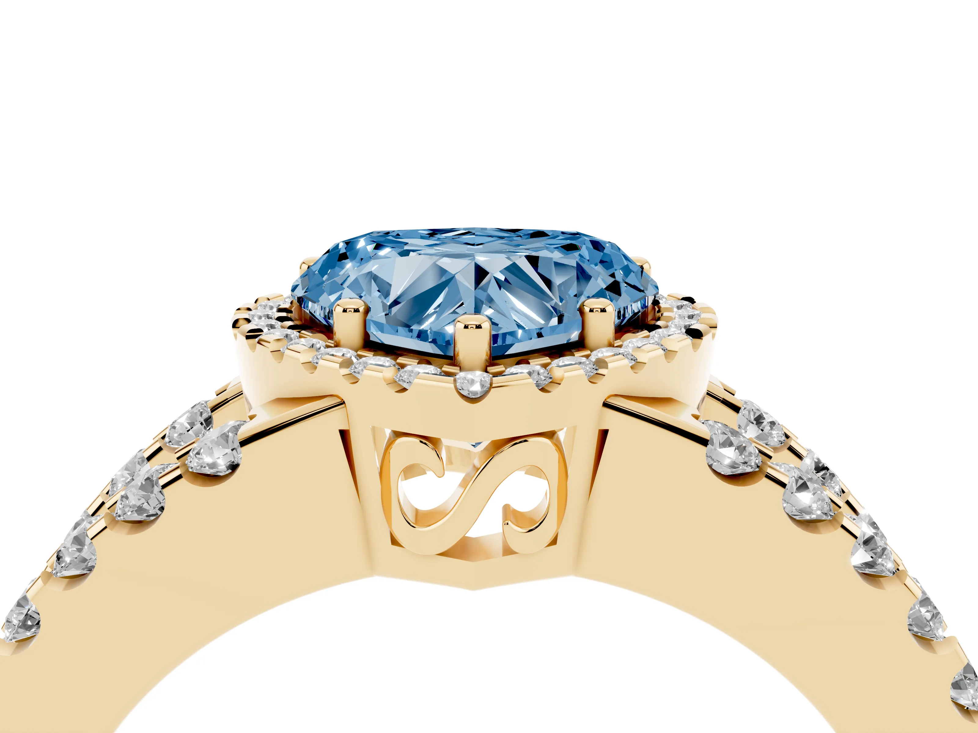Fancy Blue Heart Cut Diamond Halo Ring Set in Yellow gold with Pavé Split Shank and Prong Setting