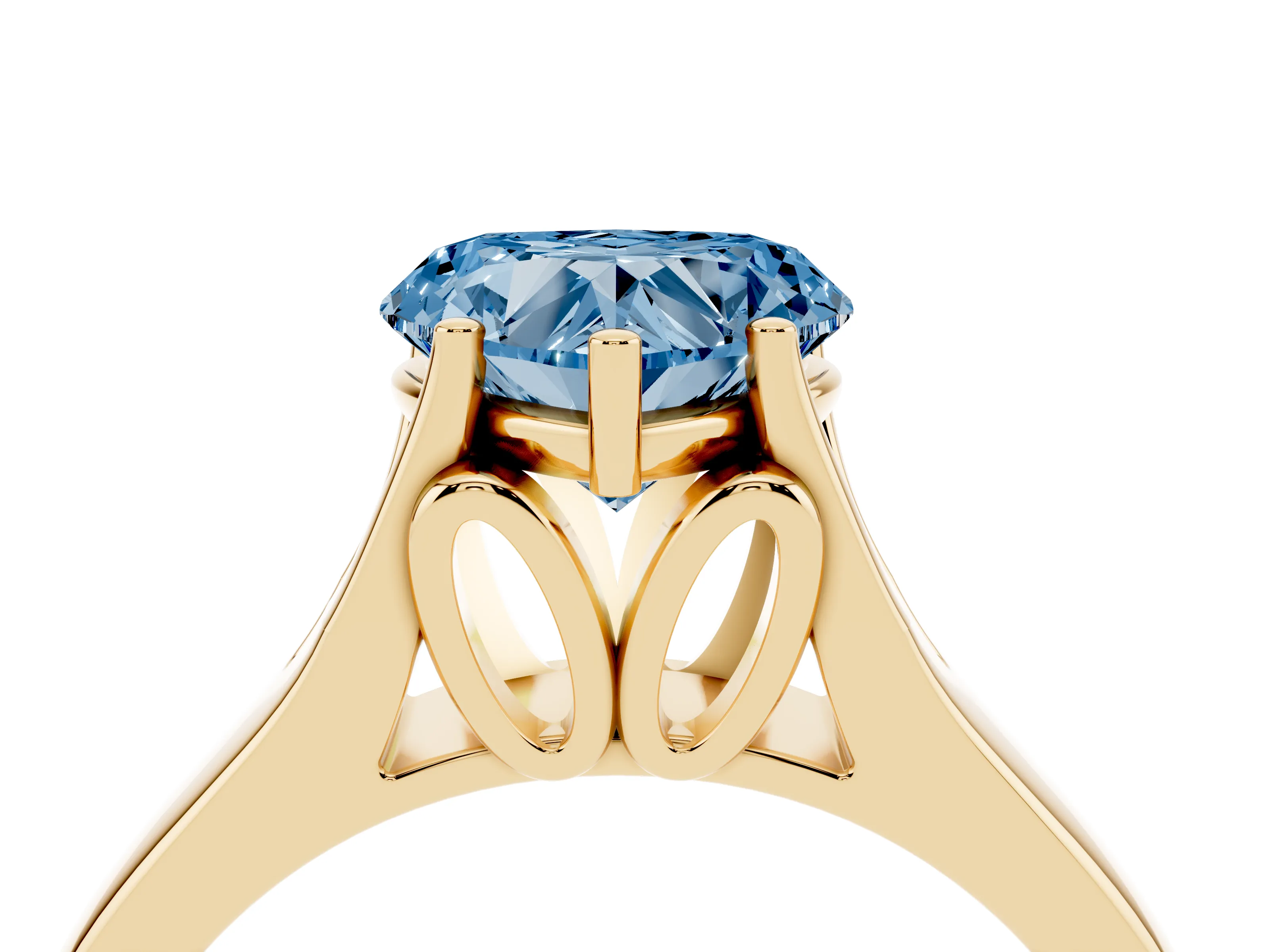Fancy Blue Heart Cut Diamond Solitaire Ring Set in Yellow gold with Arched Cathedral Band and Prong Setting