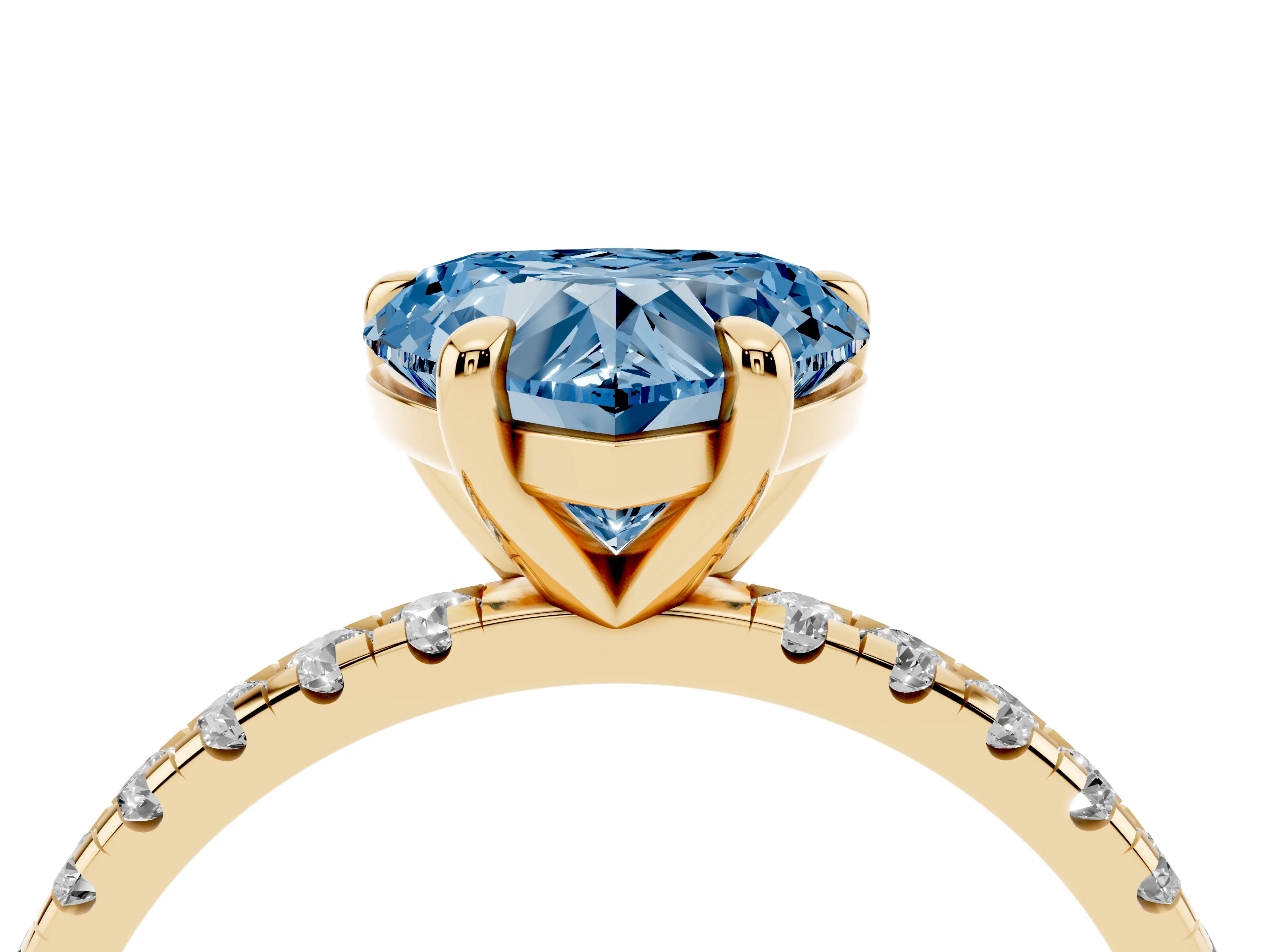 Fancy Blue Heart Cut Diamond Brilliant Solitaire Ring Set in Yellow gold with Pavé Band and Prong Setting