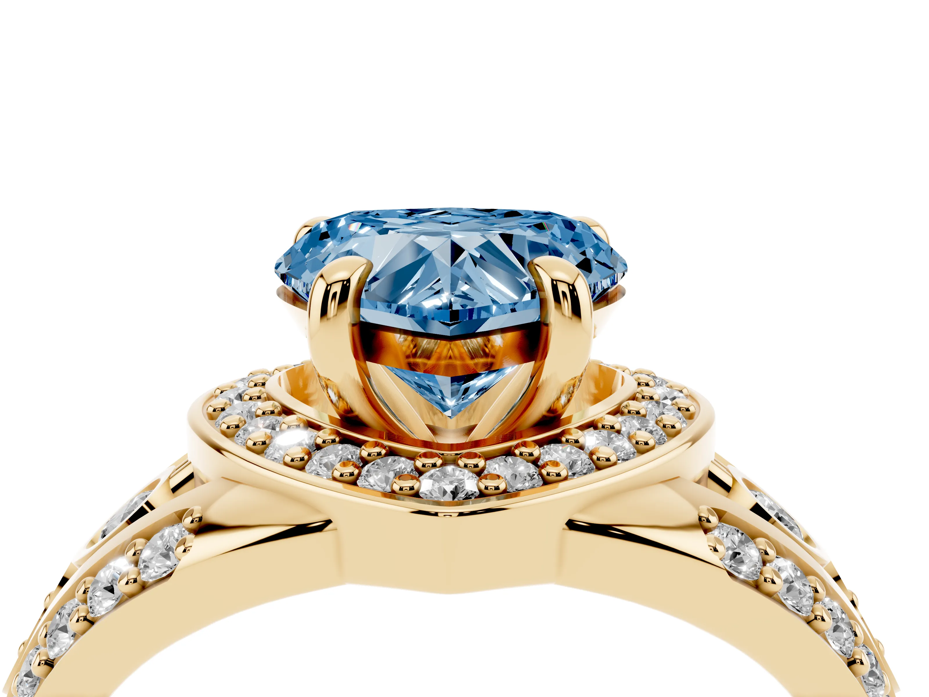 Fancy Blue Heart Cut Diamond Halo Ring Set in Yellow gold with Pavé Split Shank and Bezel Accents