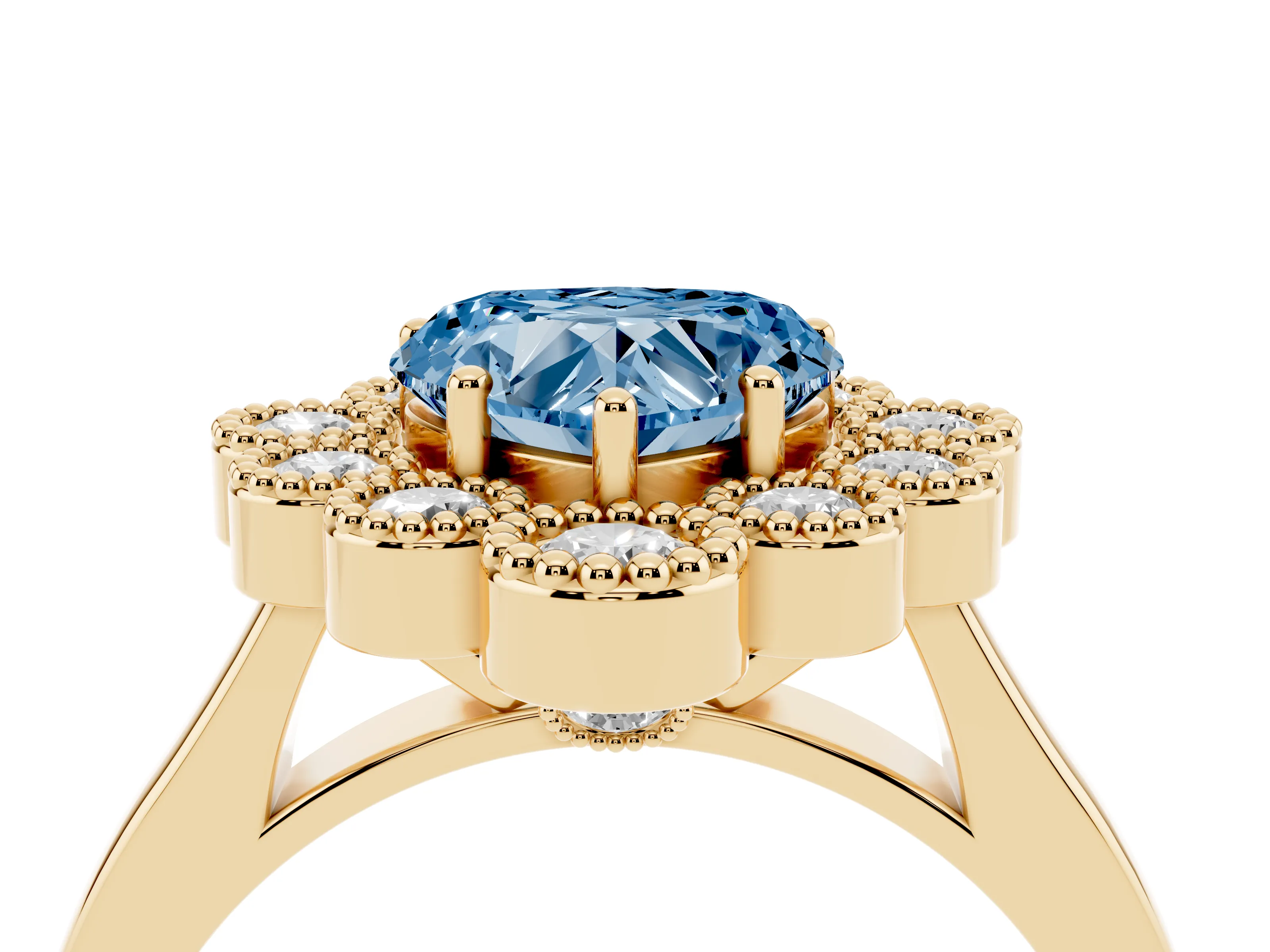 Fancy Blue Heart Cut Diamond Cluster Halo Ring Set in Yellow gold with Milgrain Bezel Accents and Plain Band