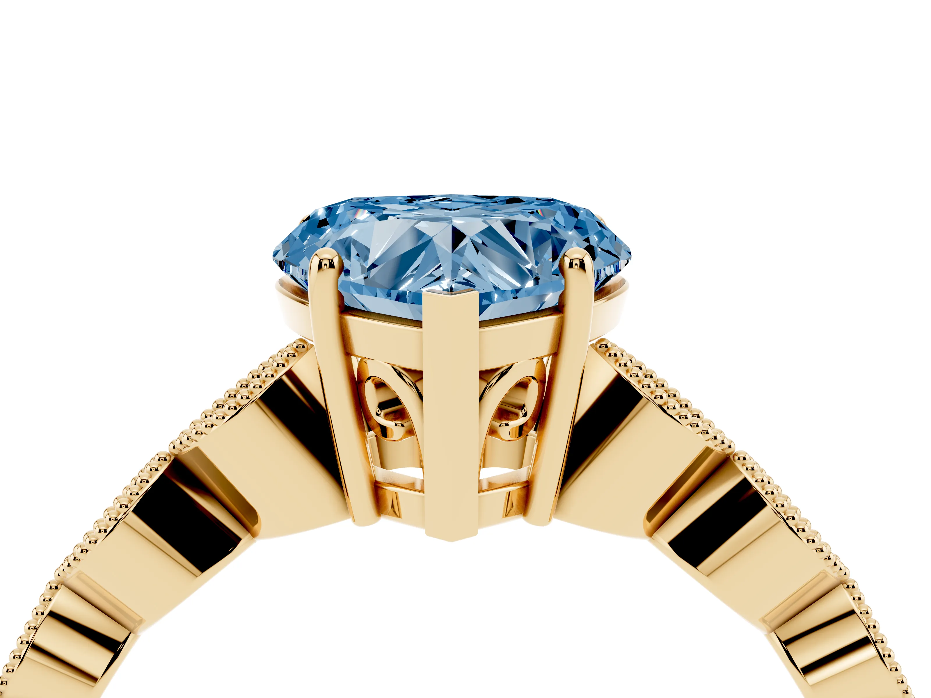 Fancy Blue Heart Cut Diamond Solitaire Ring Set in Yellow gold with Infinity Twist Pavé Band