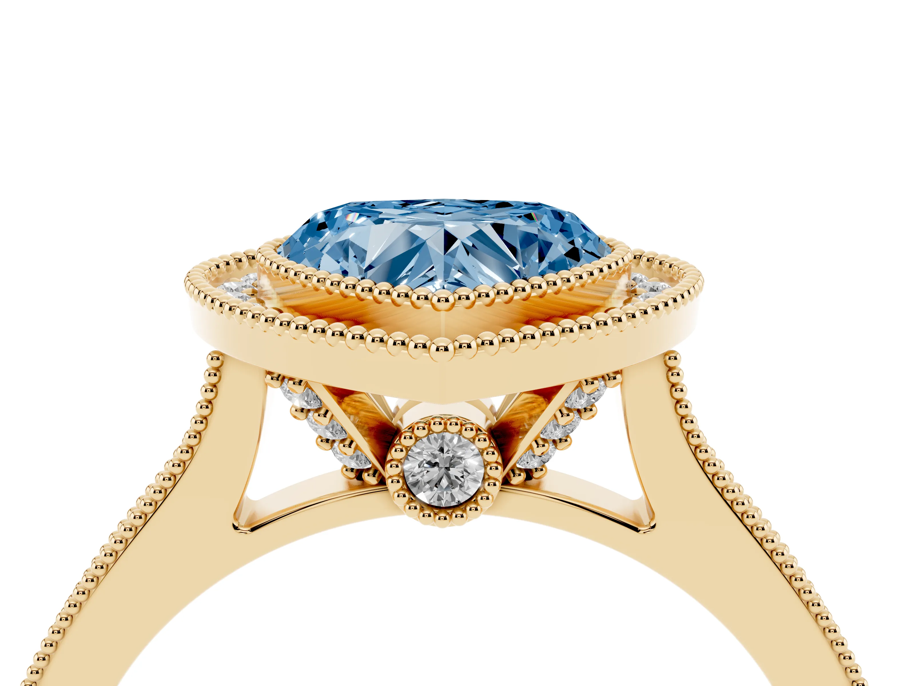 Fancy Blue Heart Cut Diamond Halo Milgrain Pavé Band Ring Set in Yellow gold with Prong Setting