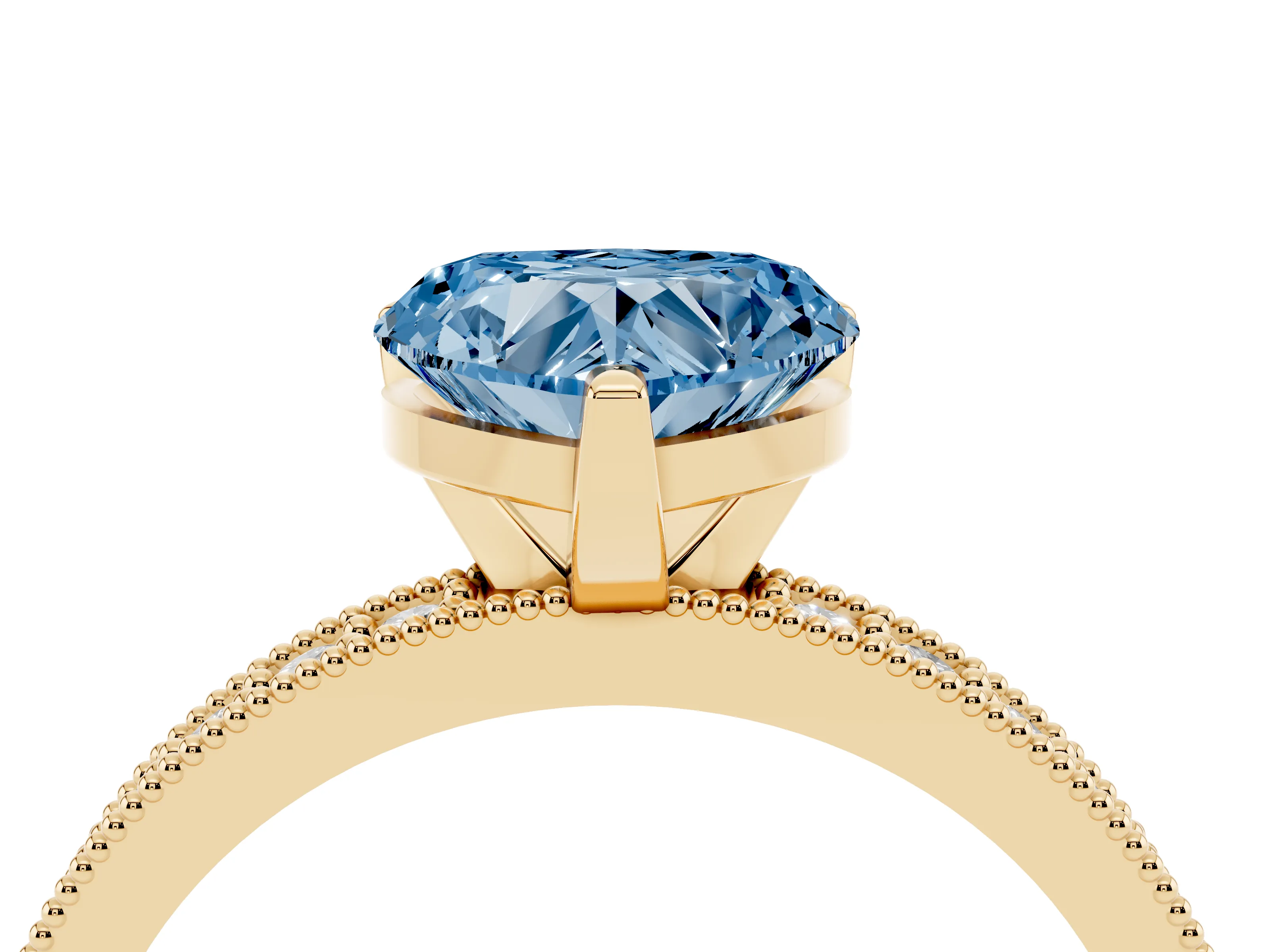 Fancy Blue Heart Cut Diamond Milgrain Pavé Engagement Ring Set in Yellow gold with Prong Setting