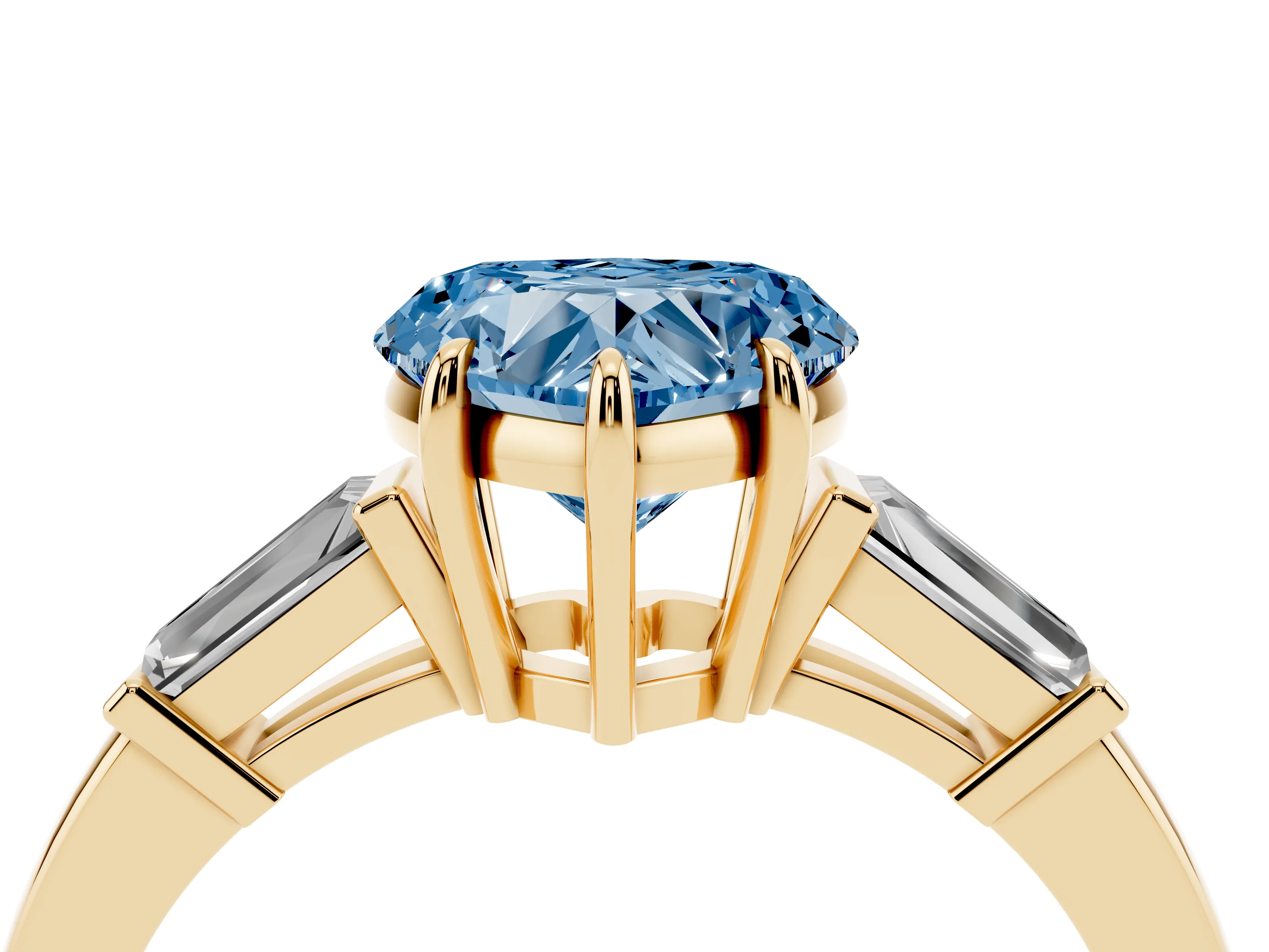 Fancy Blue Heart Cut Diamond Three-Stone Ring Set in Yellow gold with Tapered Baguette Side Stones and Prong Setting