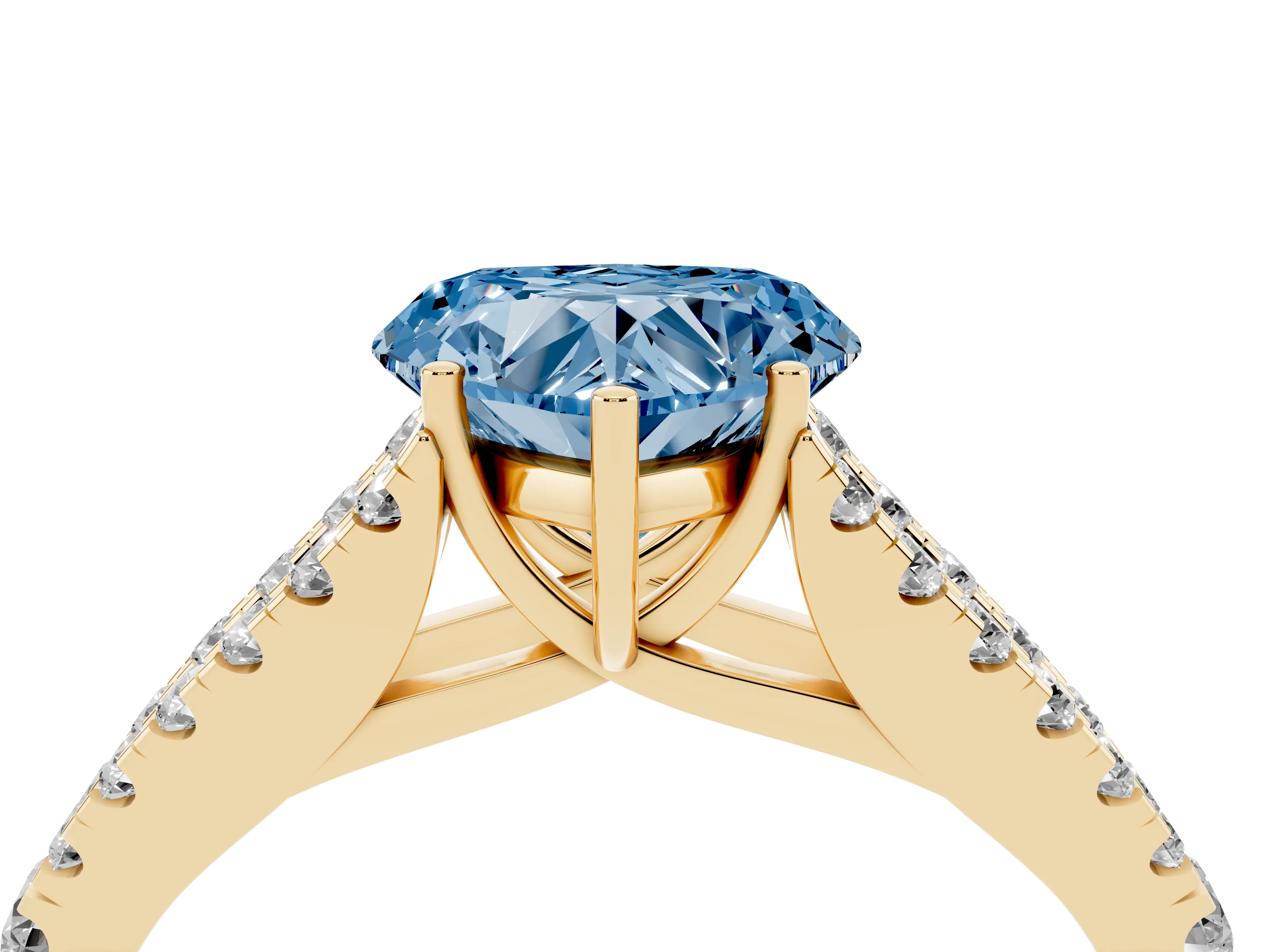 Fancy Blue Heart Cut Diamond Split Shank Pavé Engagement Ring Set in Yellow gold with Prong-Held Center Stone