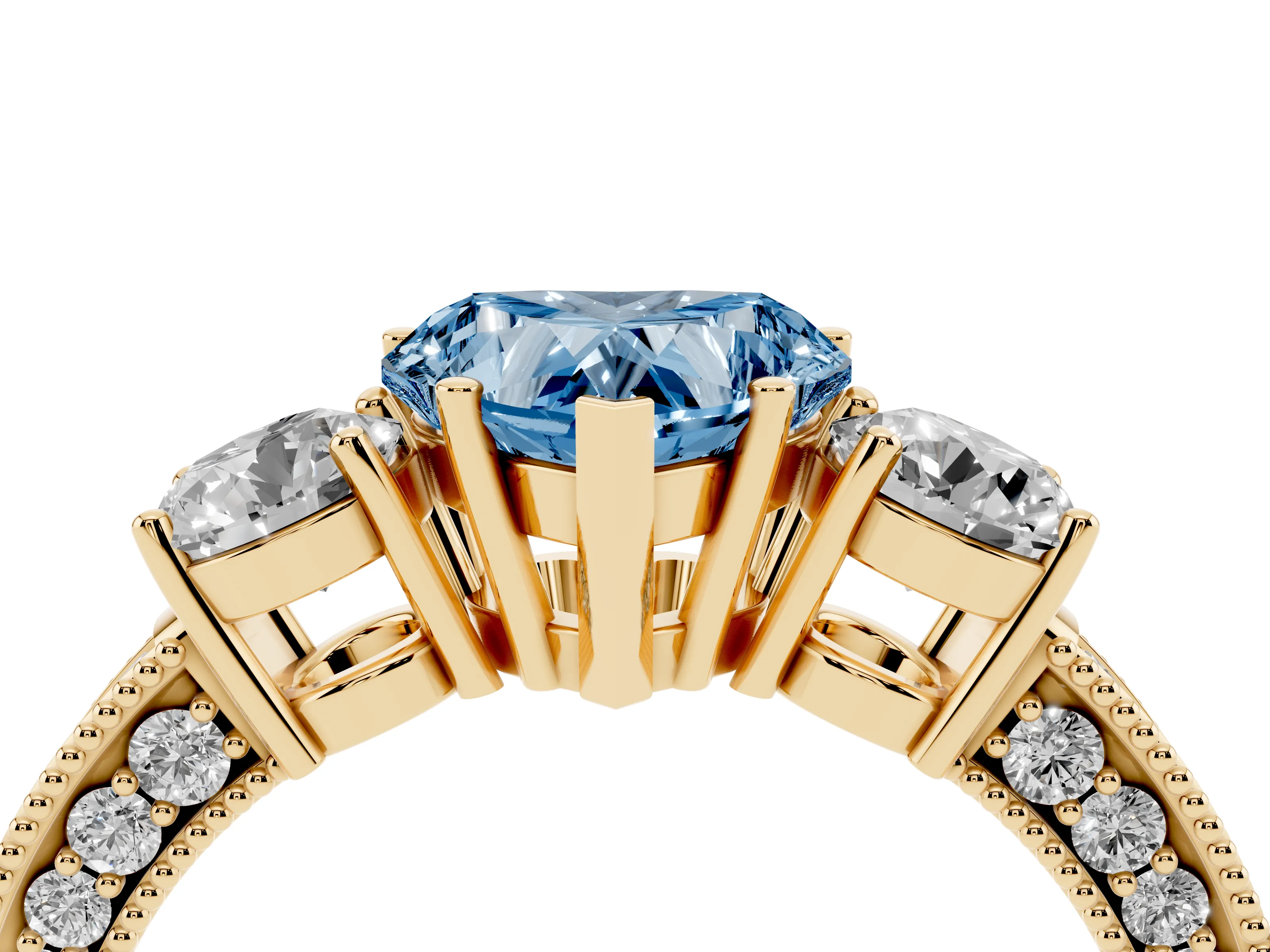 Fancy Blue Heart Cut Diamond Three-Stone Ring Set in Yellow gold with Round Side Stones and Pavé Band