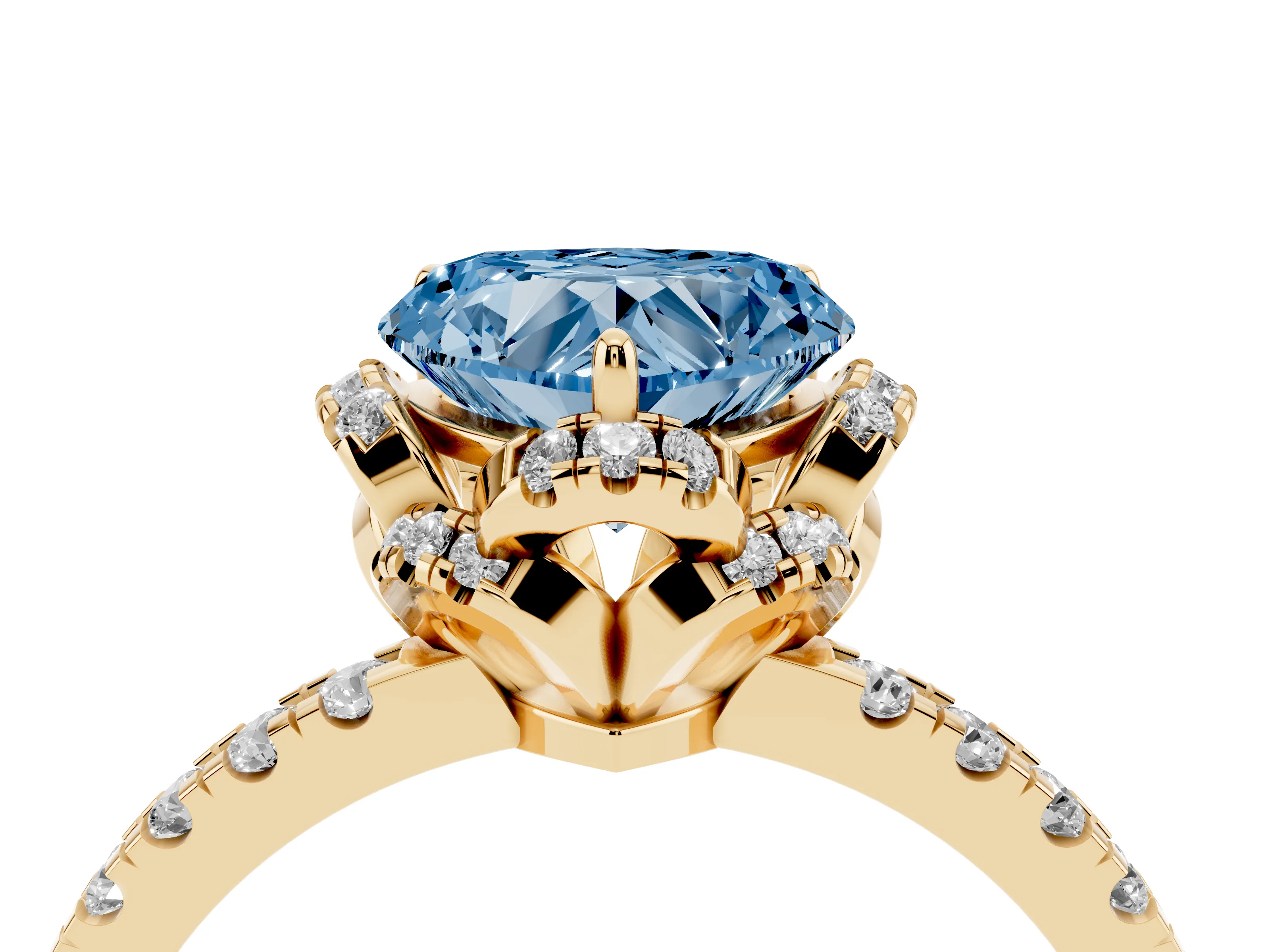 Fancy Blue Heart Cut Diamond Halo Pavé Band Ring Set in Yellow gold with Prong-Held Center