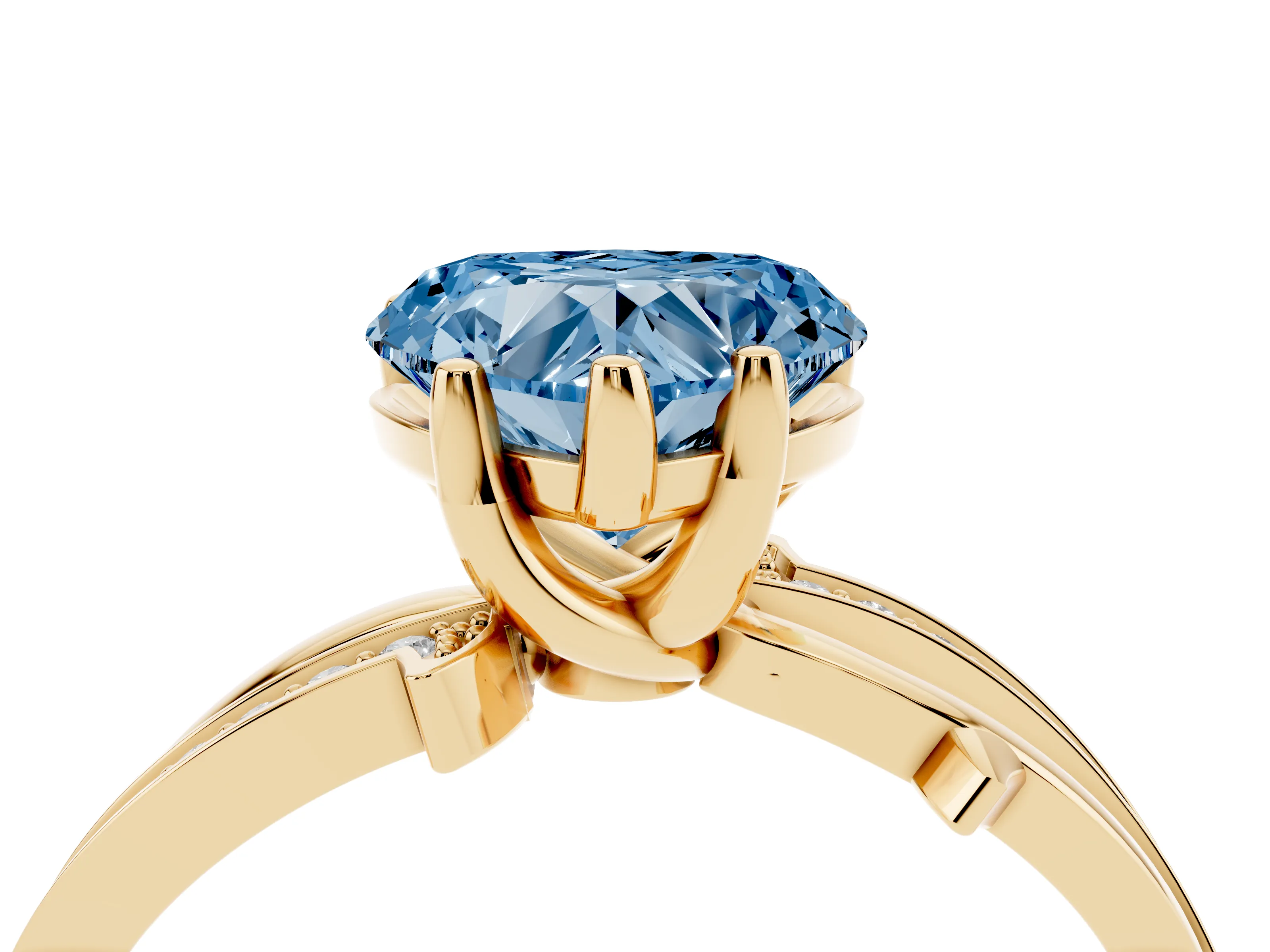 Fancy Blue Heart Cut Diamond Pavé Twist Band Solitaire Ring Set in Yellow gold with Prong Setting