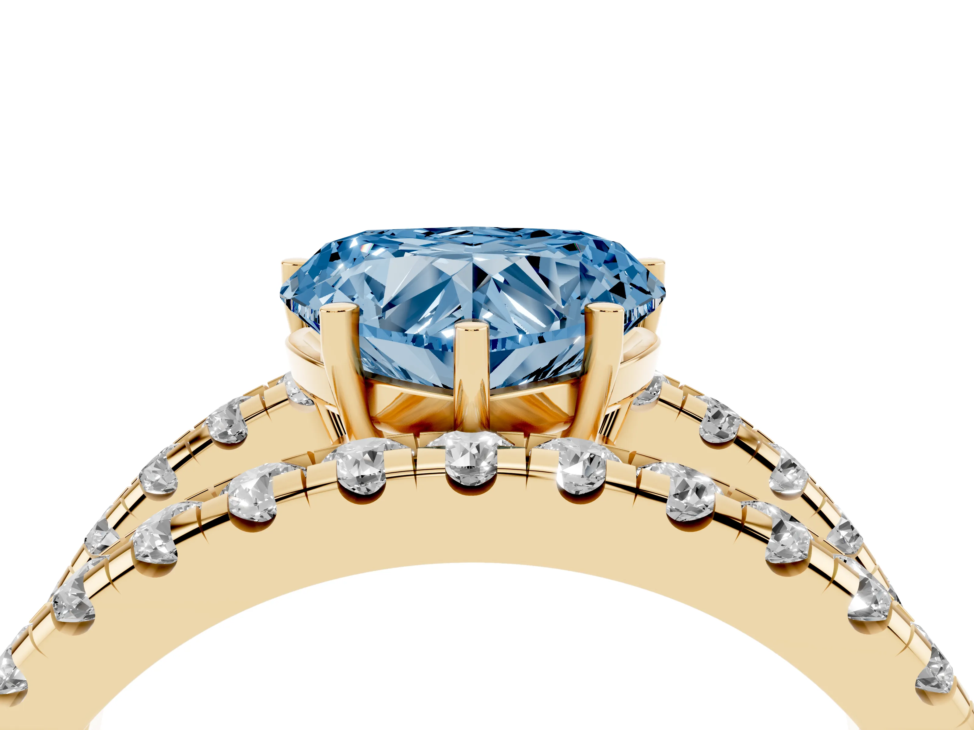 Fancy Blue Heart Cut Diamond Split Shank Pavé Solitaire Ring Set in Yellow gold with Open Shank Design