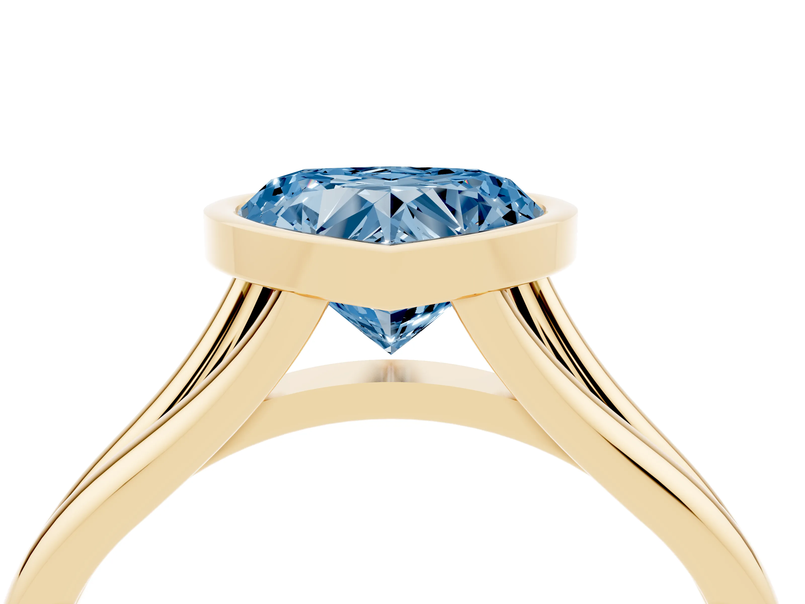 Fancy Blue Bezel Set Heart Cut Diamond Solitaire Ring Set in Yellow gold with Tapered Band