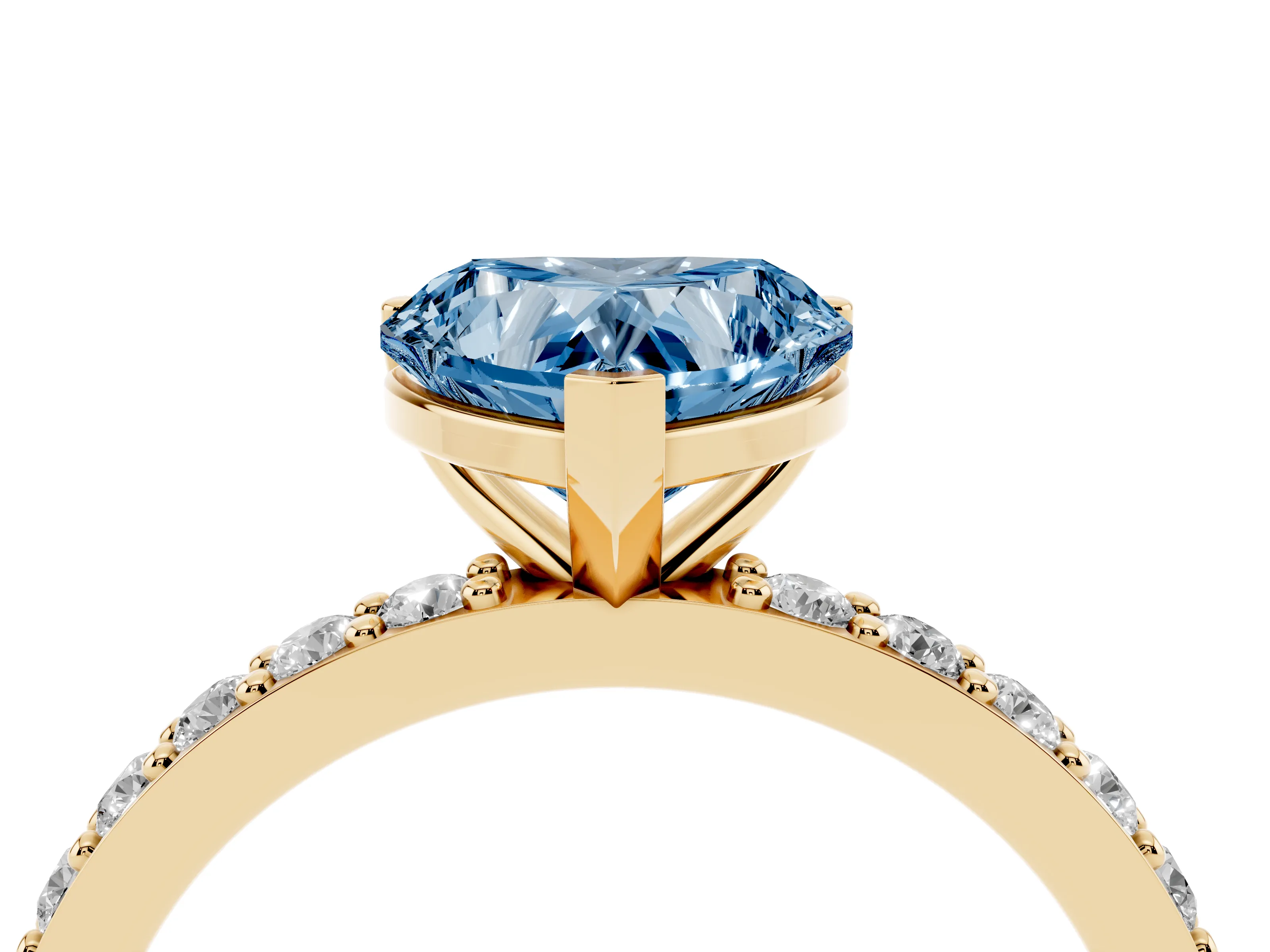 Fancy Blue Heart Cut Diamond Solitaire Set in Yellow gold with Round Pavé Band and Prong Setting