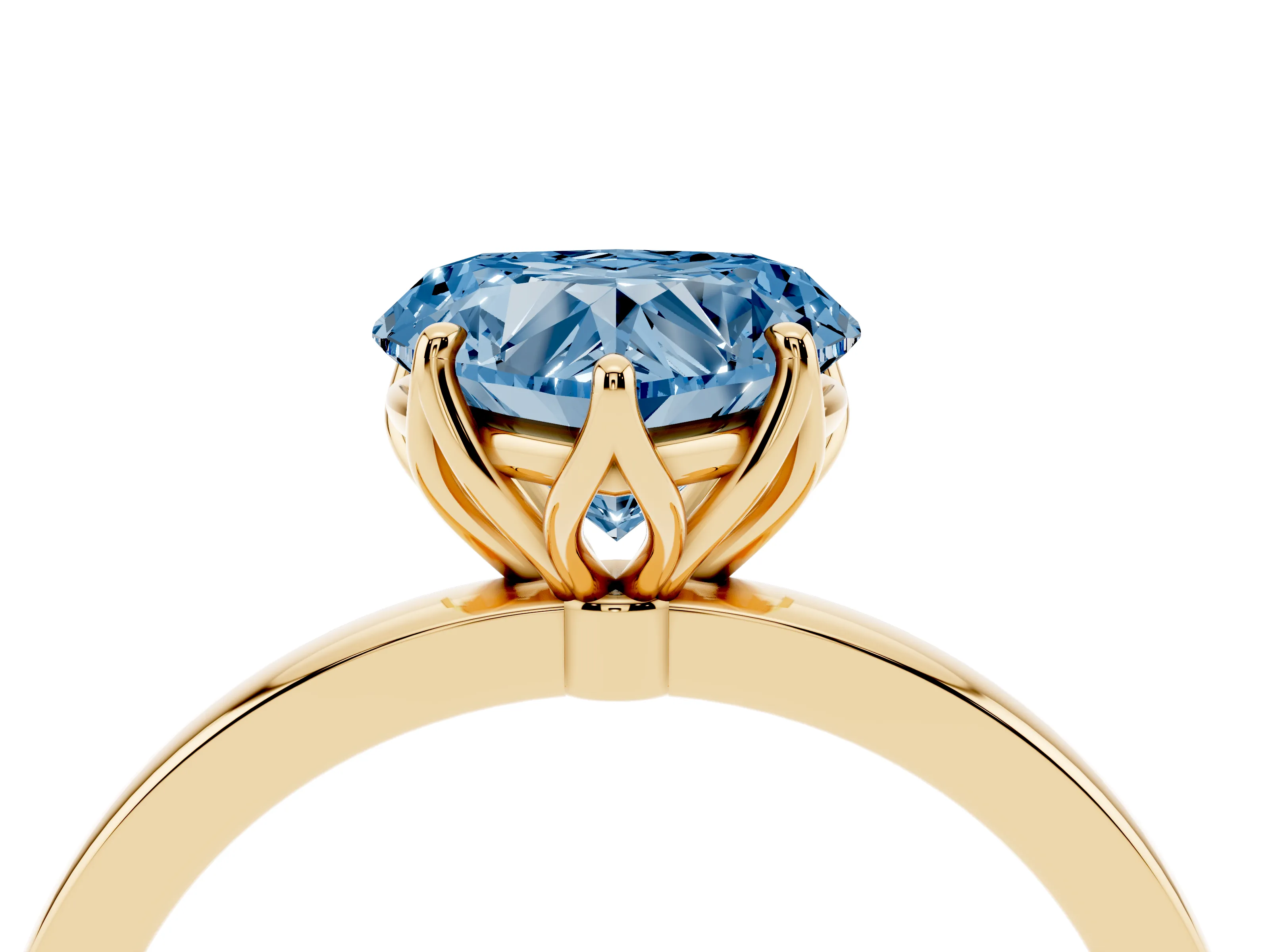 Fancy Blue Heart Cut Diamond Solitaire Ring Set in Yellow gold with Prong Setting and Thin Polished Band