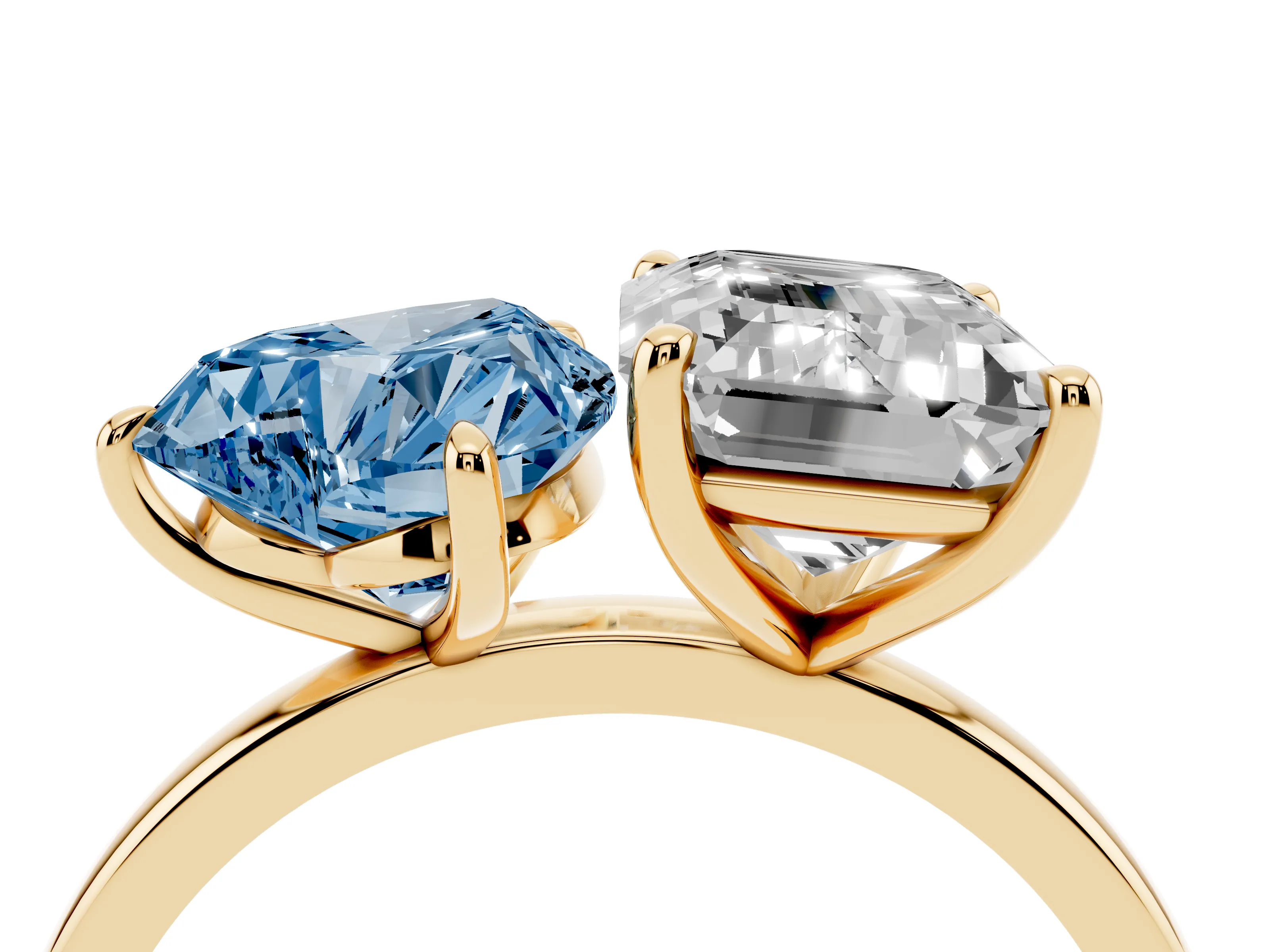 Fancy Blue Heart Cut and Emerald Cut Toi Moi Ring Set in Yellow gold with Prong Setting