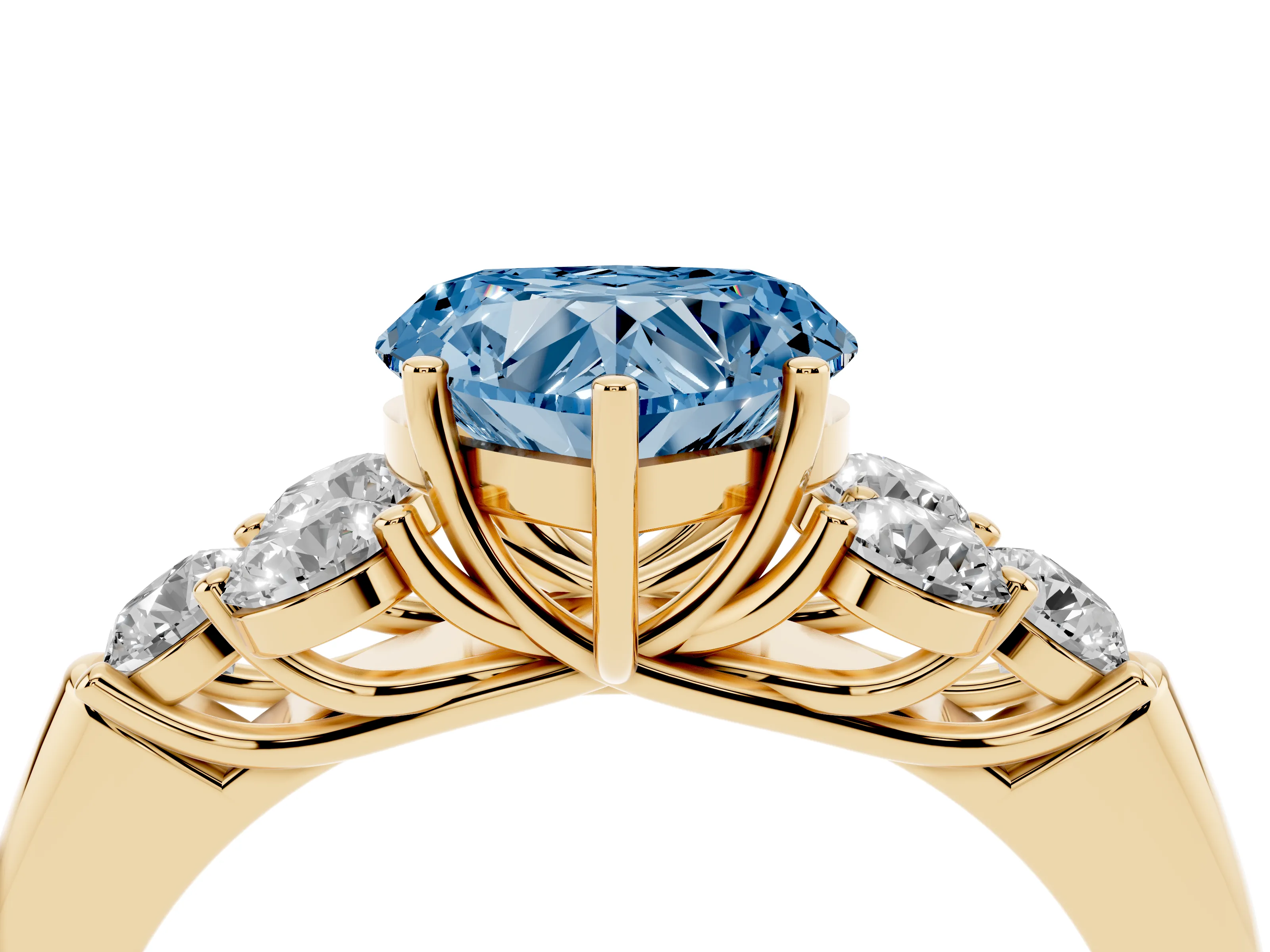 Fancy Blue Heart Cut Diamond Cluster Ring Set in Yellow gold with Round Accent Stones and Prong Setting on a Plain Band