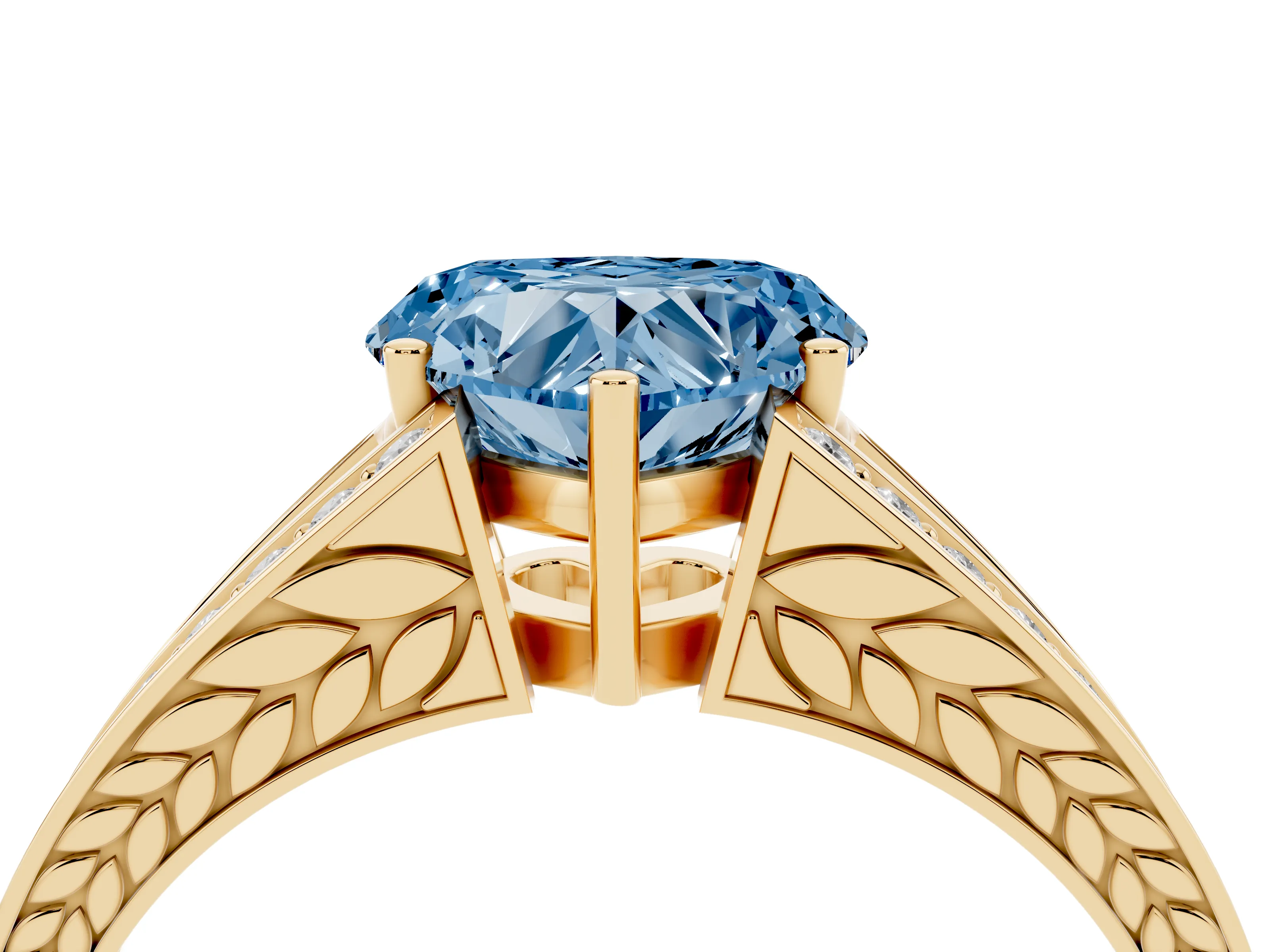 Fancy Blue Heart Cut Diamond Split Shank Ring Set in Yellow gold with Pavé Band and Prong Setting