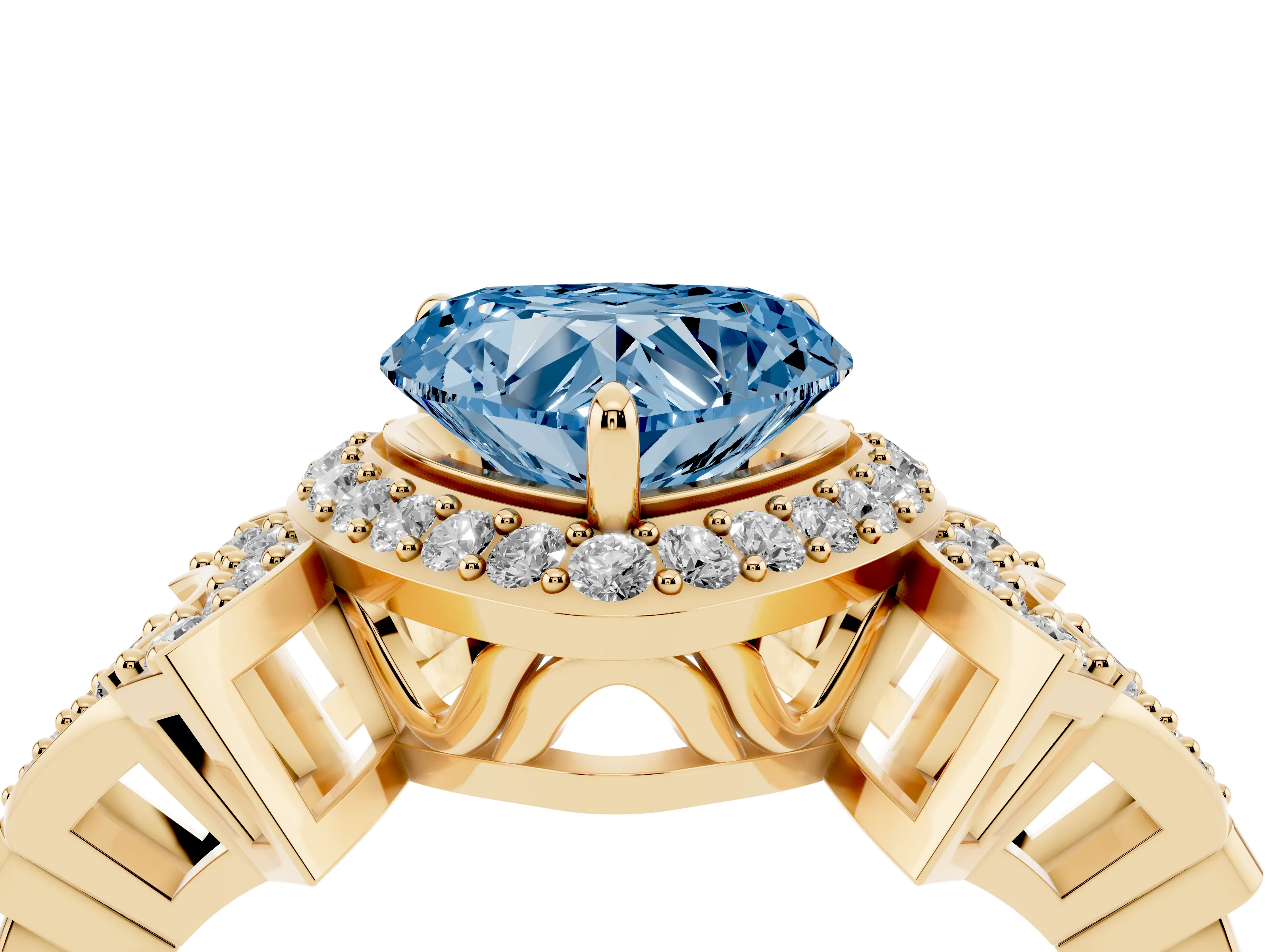 Fancy Blue Heart Cut Diamond Halo Engagement Ring Set in Yellow gold with Accent Stone Split Shank