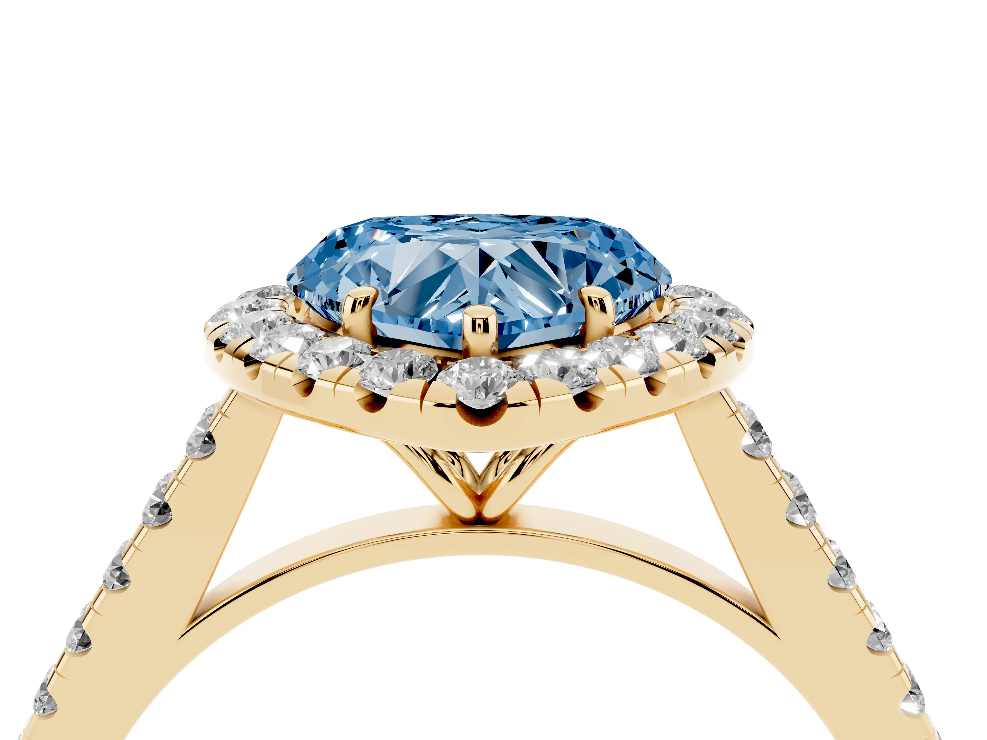 Fancy Blue Heart Cut Diamond Halo Pavé Engagement Ring Set in Yellow gold with Prong Setting
