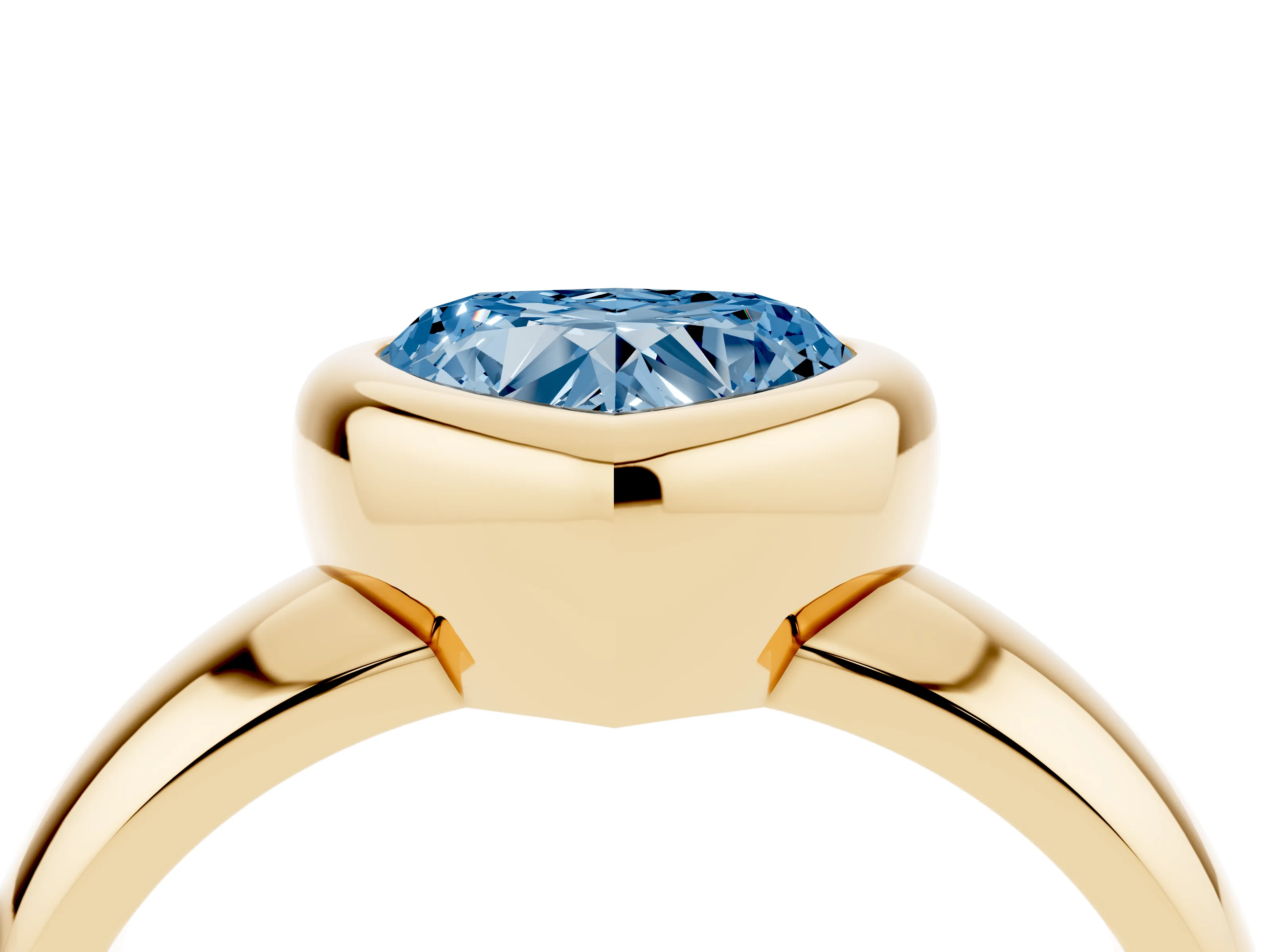 Fancy Blue Bezel Set Heart Cut Diamond Solitaire Ring Set in Yellow gold with Wide Band