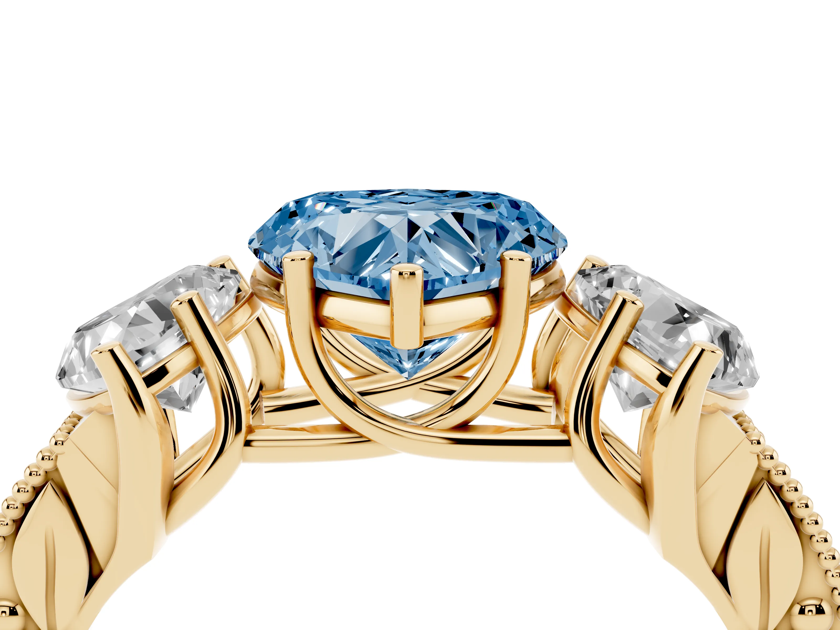 Fancy Blue Heart Cut Diamond Three-Stone Engagement Ring Set in Yellow gold with Milgrain Pavé Band